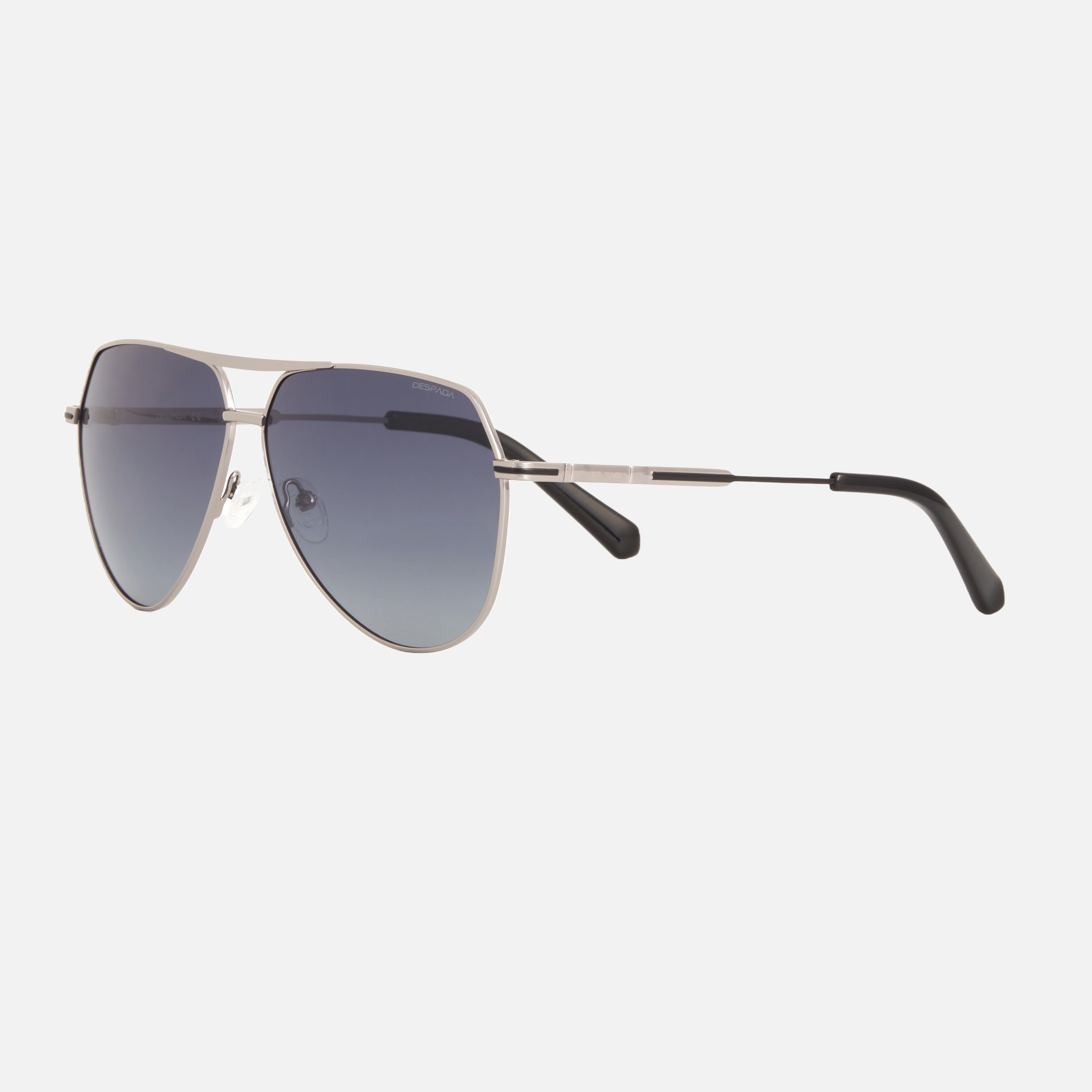 Despada DS 2387 C2 pilot sunglasses for men in full rim metal, with silver frame, and gradient grey lenses. 62mm in lens size, 17mm in bridge size, and 137mm in temple length.