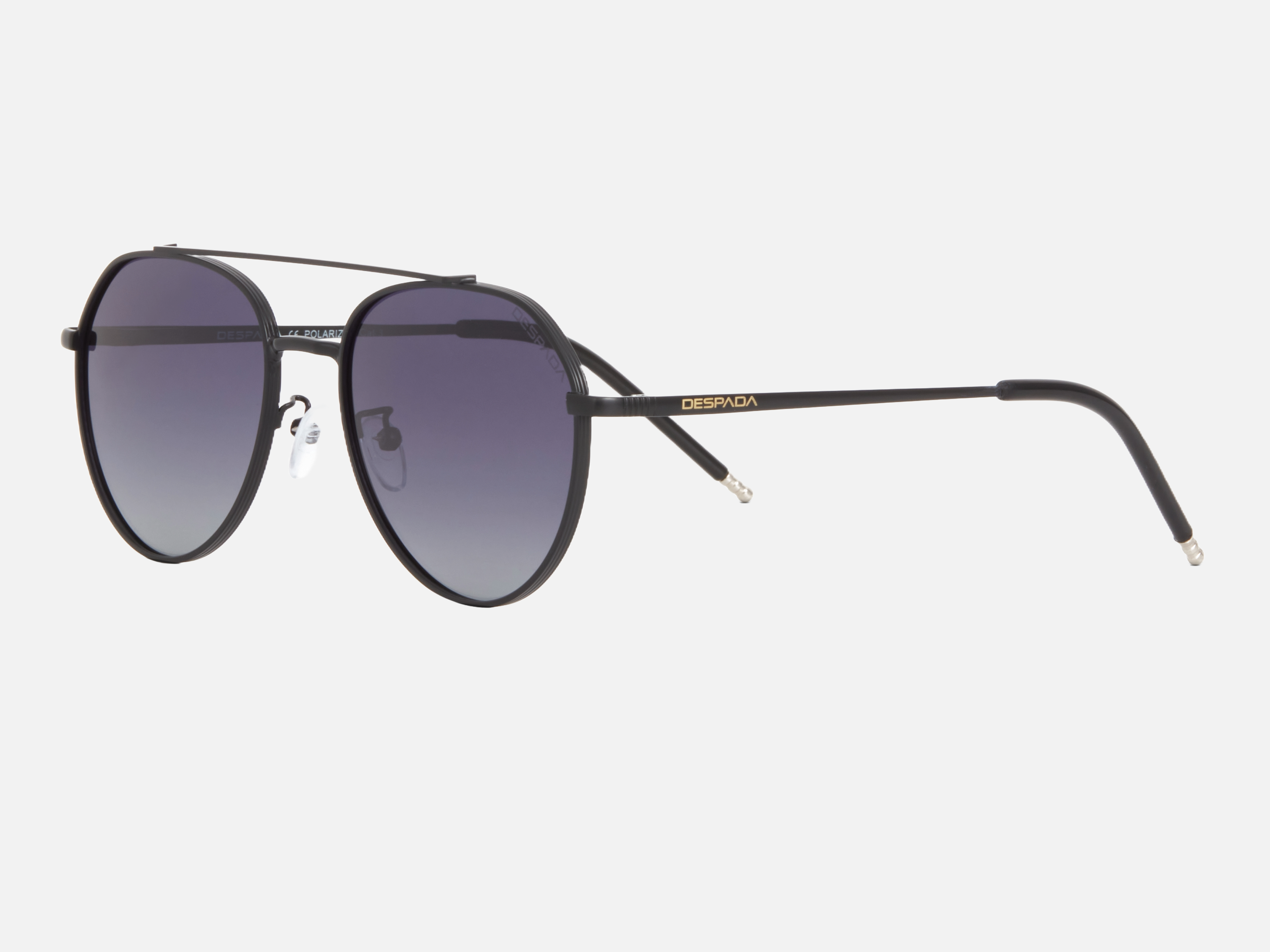 Despada DS 2390 C4 pilot sunglasses for unisex in full rim metal, with matte black frame, and gradient grey lenses. 55mm in lens size, 19mm in bridge size, and 145mm in temple length.