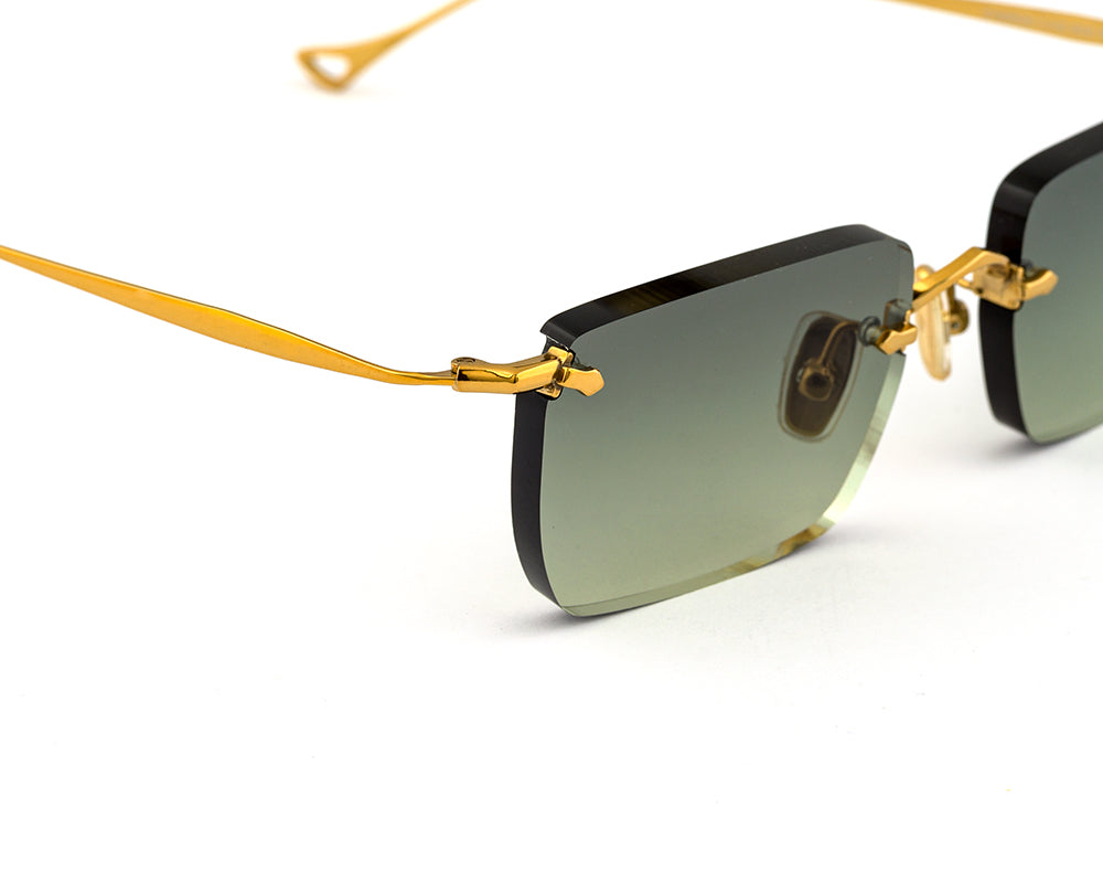 Eyepetizer Etherege C.4-52 square sunglasses for unisex in rimless steel, with gold frame, and green gradient lenses. 52mm in lens size, 18mm in bridge size, and 145mm in temple length.