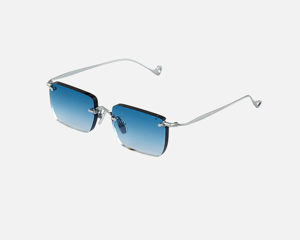 Eyepetizer Etherege C.1-53 rectangular sunglasses for unisex in rimless steel, with silver frame, and blue gradient lenses. 52mm in lens size, 18mm in bridge size, and 145mm in temple length.