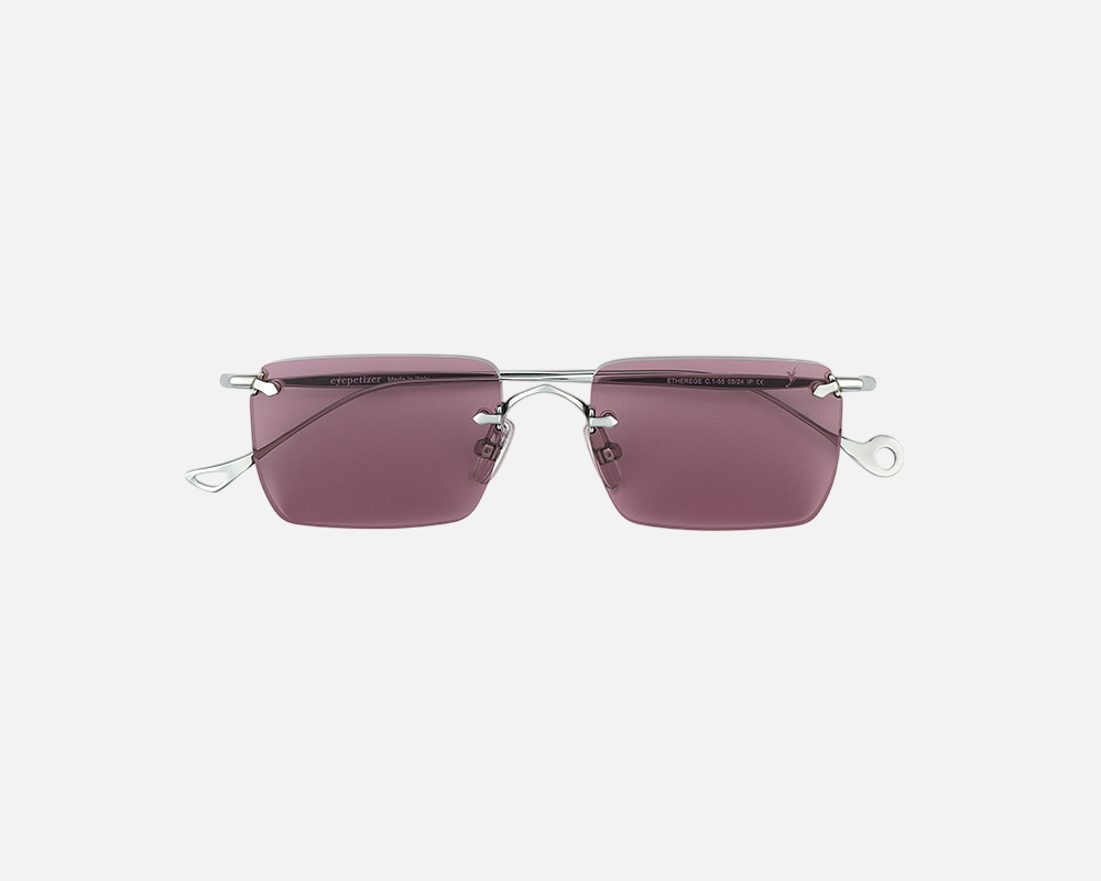 Eyepetizer Etherege C.1-55 rectangular sunglasses for unisex in rimless steel, with silver frame, and lilac lenses. 52mm in lens size, 18mm in bridge size, and 145mm in temple length.