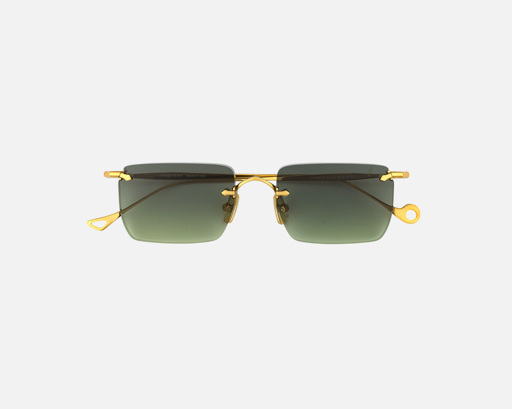 Eyepetizer Etherege C.4-52 square sunglasses for unisex in rimless steel, with gold frame, and green gradient lenses. 52mm in lens size, 18mm in bridge size, and 145mm in temple length.