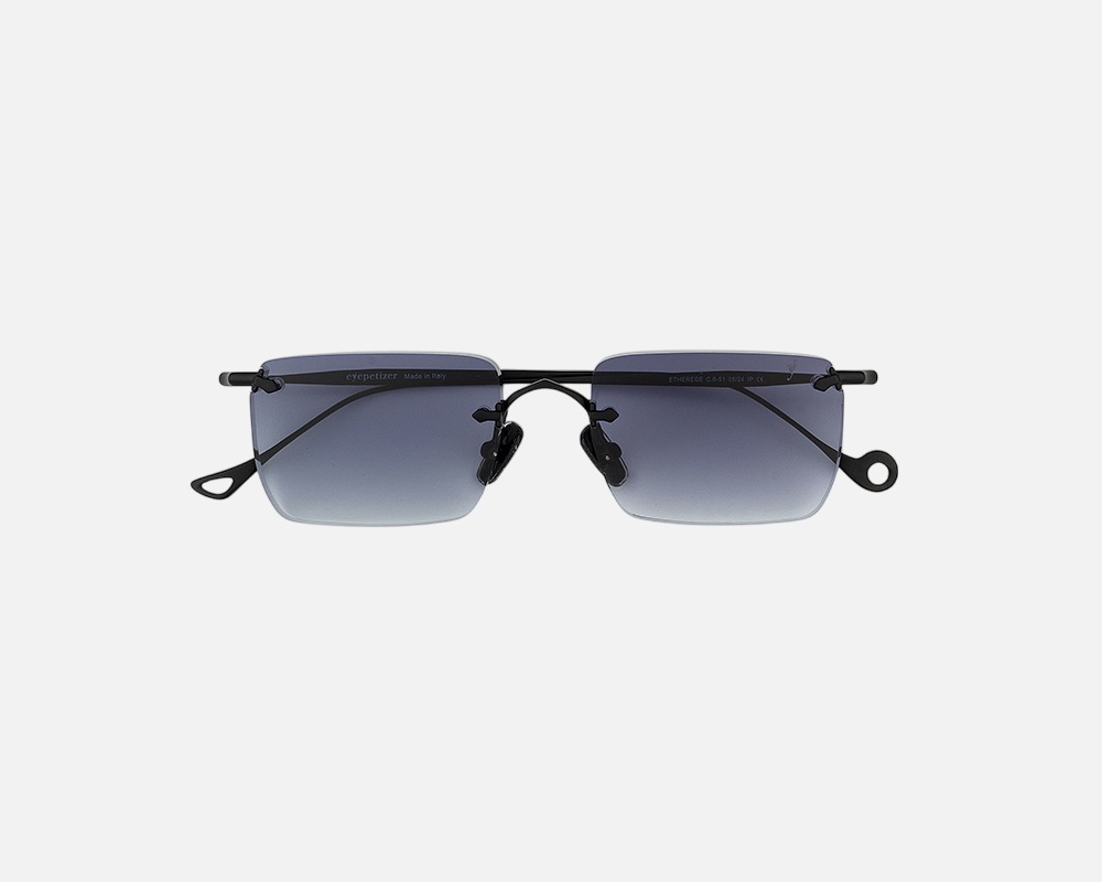 Eyepetizer Etherege C.6-51 square sunglasses for unisex in rimless steel, with black frame, and grey lenses. 52mm in lens size, 18mm in bridge size, and 145mm in temple length.