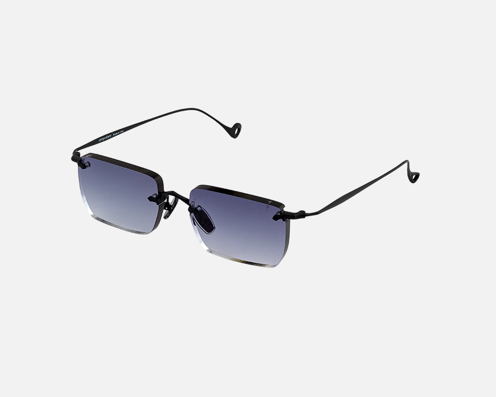 Eyepetizer Etherege C.6-51 square sunglasses for unisex in rimless steel, with black frame, and grey lenses. 52mm in lens size, 18mm in bridge size, and 145mm in temple length.
