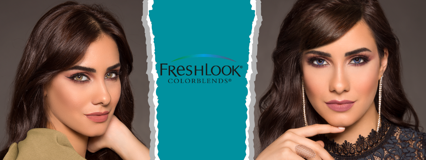 Two photos of a woman wearing brown contact lenses and blue contact lenses and FreshLook Colorblends logo in the center