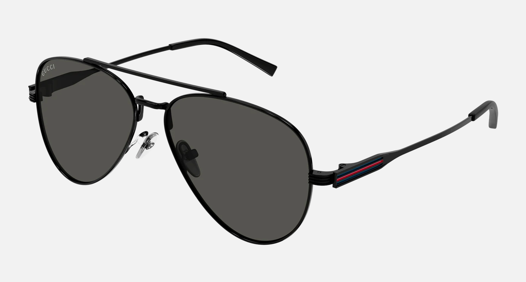 Gucci GG1874S 001 men's full rim pilot sunglasses in a black metal frame with grey lenses. Features a 57 mm lens size, 14 mm bridge size, and 145 mm temple length. Available in Dubai, UAE.