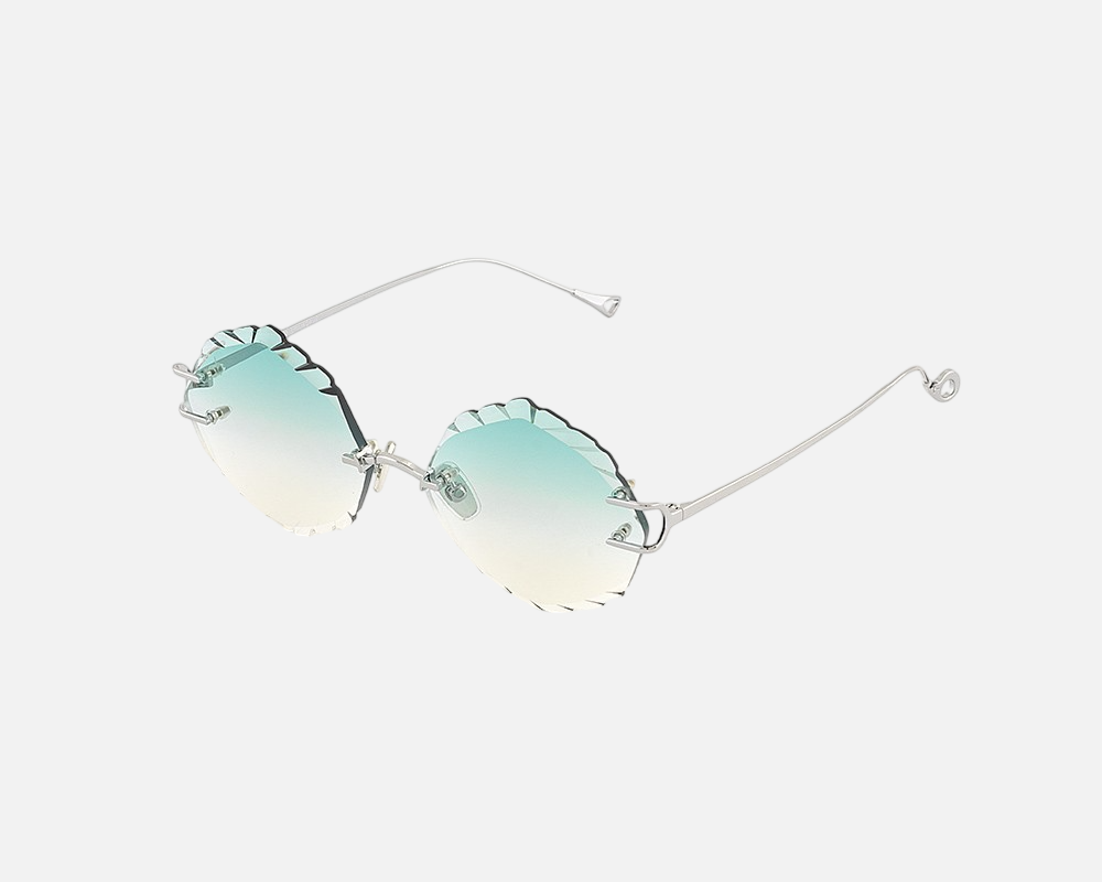 Eyepetizer Guadalupe C.1-59 irregular sunglasses for women in rimless steel, with silver frame, and gradient aqua green lenses. 56mm in lens size, 16mm in bridge size, and 145mm in temple length.