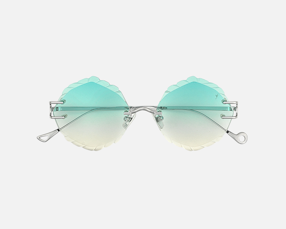 Eyepetizer Guadalupe C.1-59 irregular sunglasses for women in rimless steel, with silver frame, and gradient aqua green lenses. 56mm in lens size, 16mm in bridge size, and 145mm in temple length.