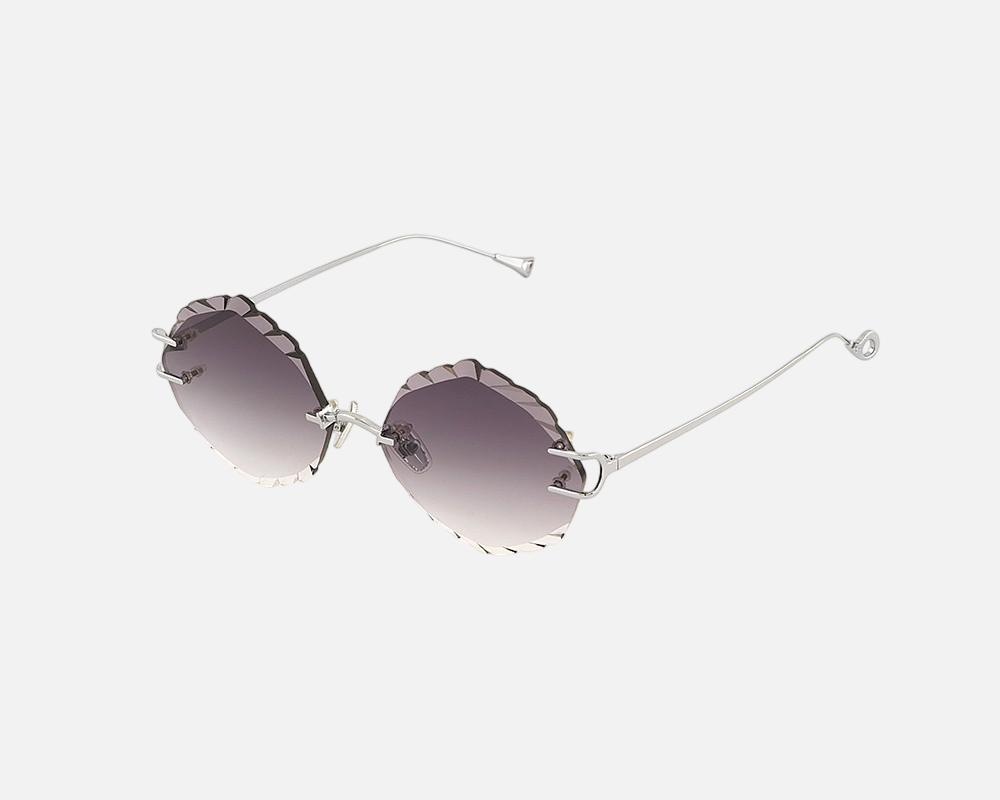 Eyepetizer Guadalupe C.1-60 irregular sunglasses for women in rimless steel, with silver frame, and grey gradient lenses. 56mm in lens size, 16mm in bridge size, and 145mm in temple length.