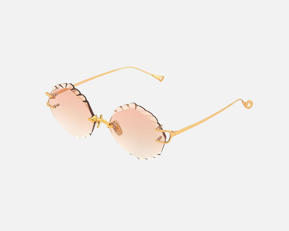 Eyepetizer Guadalupe C.4-61 irregular sunglasses for women in rimless steel, with gold frame, and orange gradient lenses. 56mm in lens size, 16mm in bridge size, and 145mm in temple length.