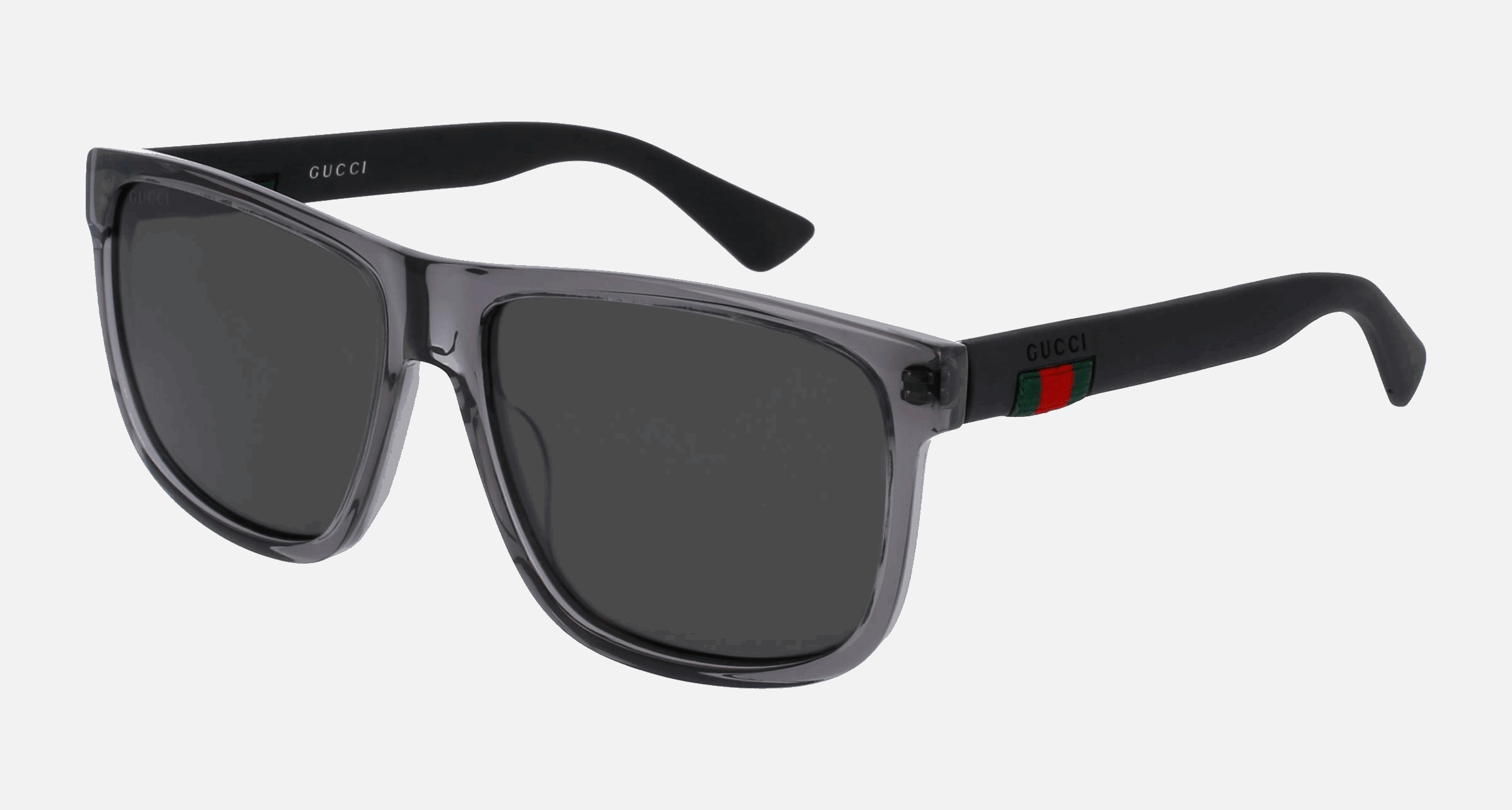 Gucci GG0010S 004 men's full rim square sunglasses in black frame and grey polarized lenses, with 58mm lens size, 16mm bridge size, and 145mm temple size. Available in Dubai, UAE.