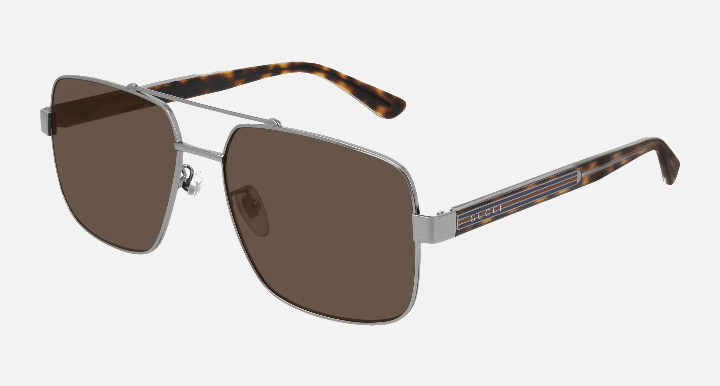 Gucci GG0529S 002  men's full rim square sunglasses in ruthenium frame and brown lenses, with 60mm lens size, 17mm bridge size, and 145mm temple size. Available in Dubai, UAE.