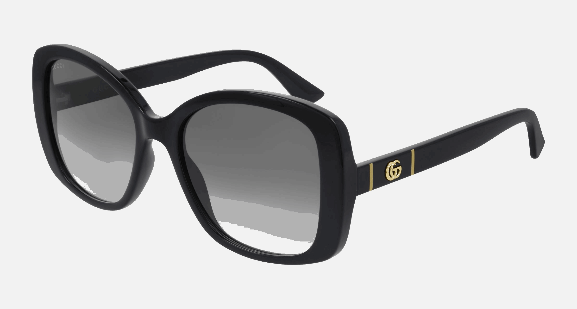 Gucci GG0762S 001  women's full rim butterfly sunglasses in black frame and grey gradient lenses, with 56mm lens size, 18mm bridge size, and 145mm temple size. Available in Dubai, UAE.