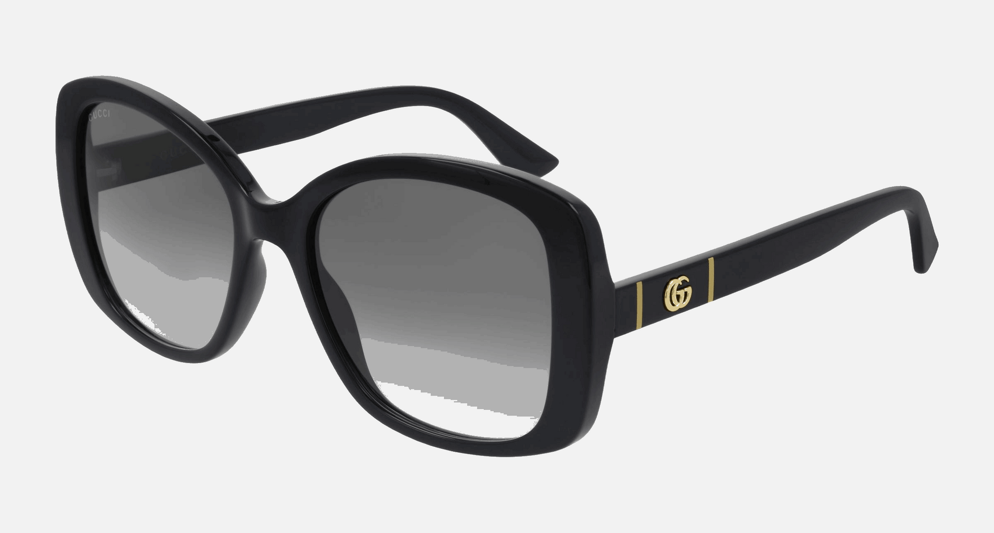 Gucci GG0762S 001  women's full rim butterfly sunglasses in black frame and grey gradient lenses, with 56mm lens size, 18mm bridge size, and 145mm temple size. Available in Dubai, UAE.