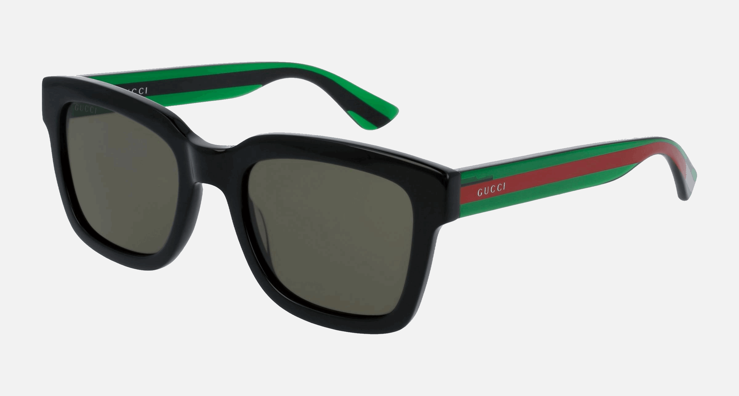 Gucci GG0001SN 002 women's full rim square sunglasses in shiny black frame and green lenses, with 52mm lens size, 21mm bridge size, and 145mm temple size. Available in Dubai, UAE.
