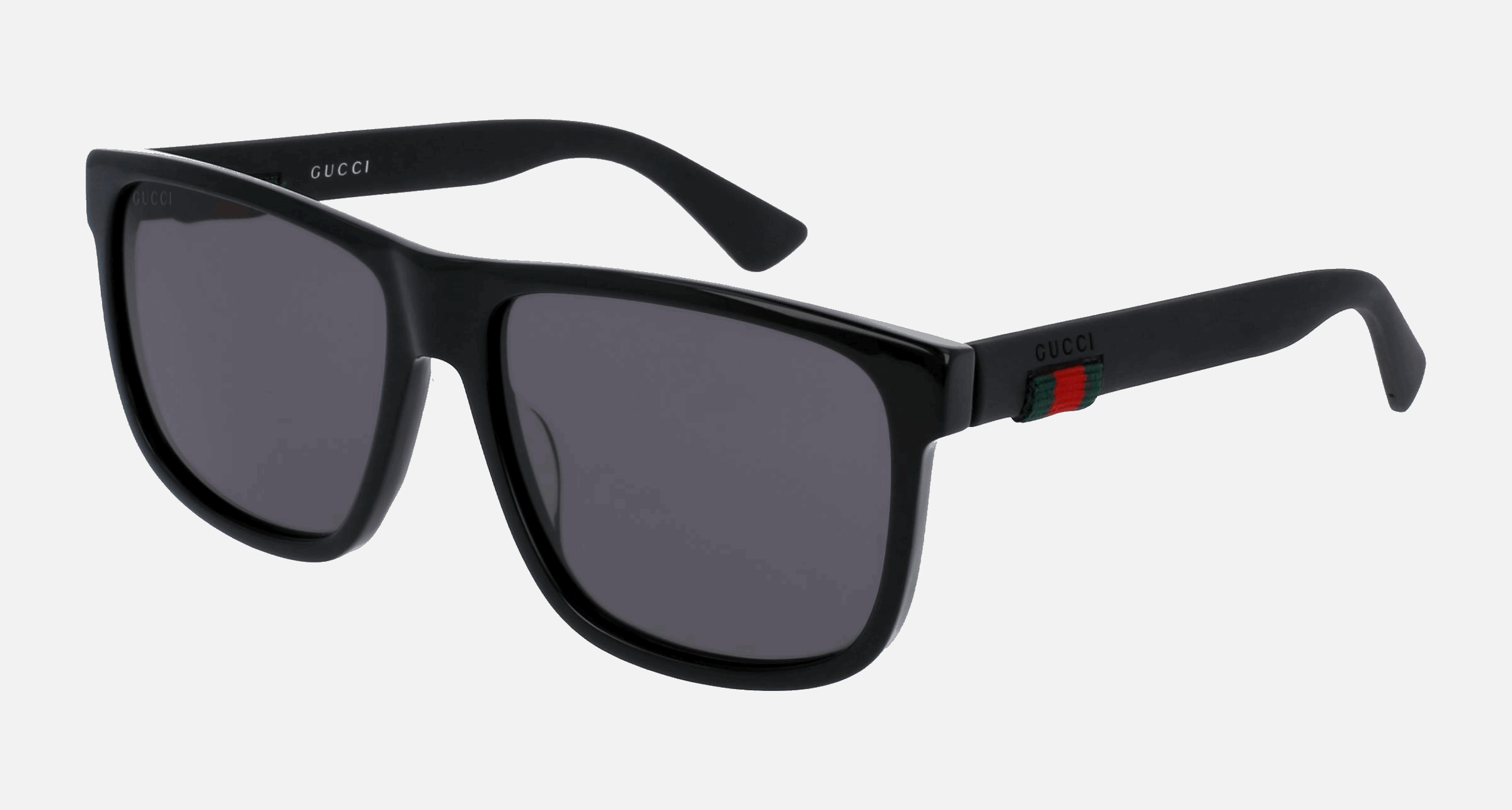 Gucci GG0010S 001 men's full rim rectangle sunglasses in black frame and grey lenses, with 58mm lens size, 16mm bridge size, and 145mm temple size. Available in Dubai, UAE.