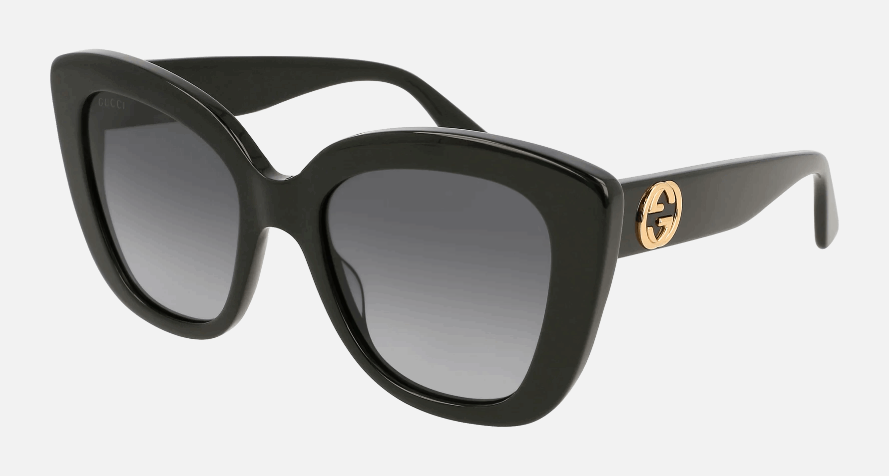 Gucci GG0327S 001 women's full rim cat eye sunglasses in black frame and grey lenses, with 52mm lens size, 20mm bridge size, and 140mm temple size. Available in Dubai, UAE.