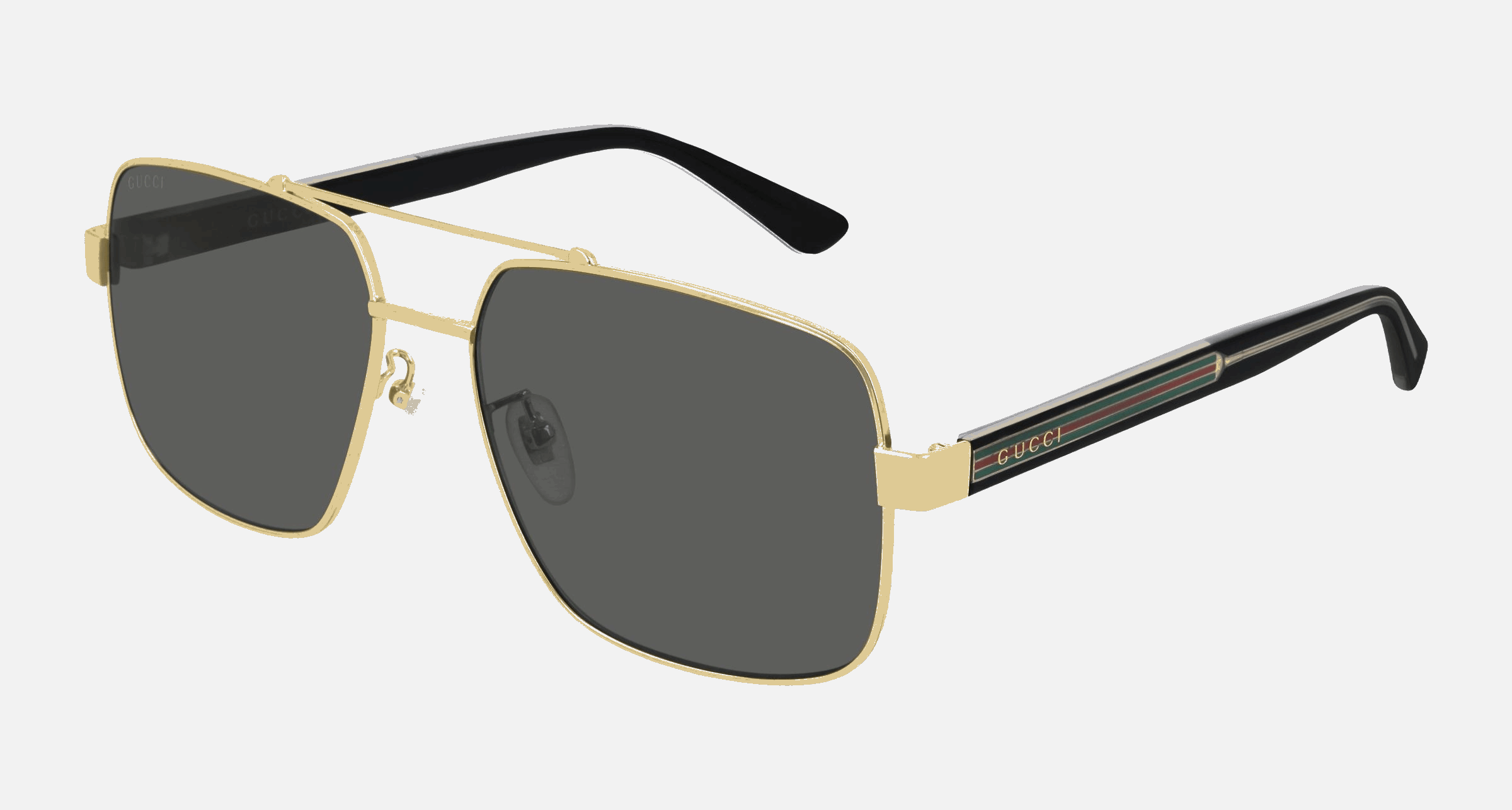 Gucci GG0529S 001  men's full rim square sunglasses in gold frame and grey lenses, with 60mm lens size, 17mm bridge size, and 145mm temple size. Available in Dubai, UAE.