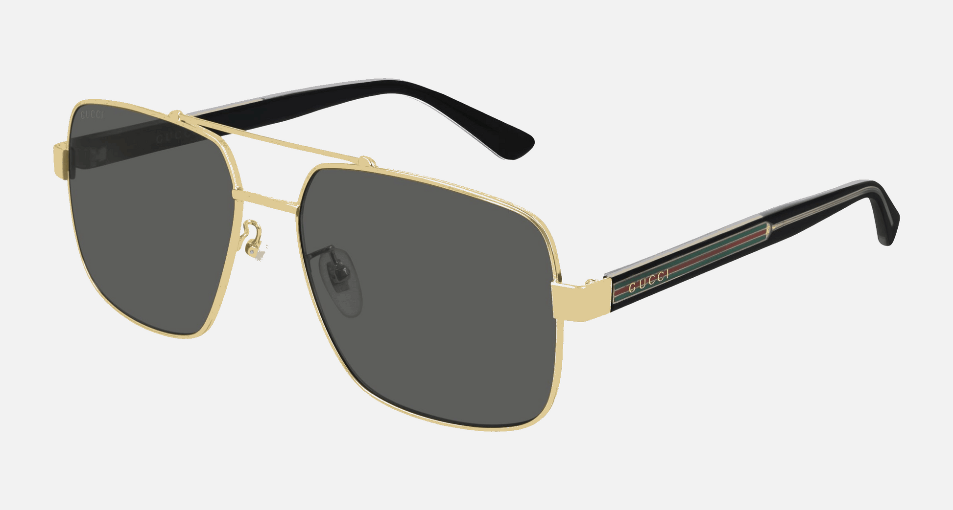 Gucci GG0529S 001  men's full rim square sunglasses in gold frame and grey lenses, with 60mm lens size, 17mm bridge size, and 145mm temple size. Available in Dubai, UAE.