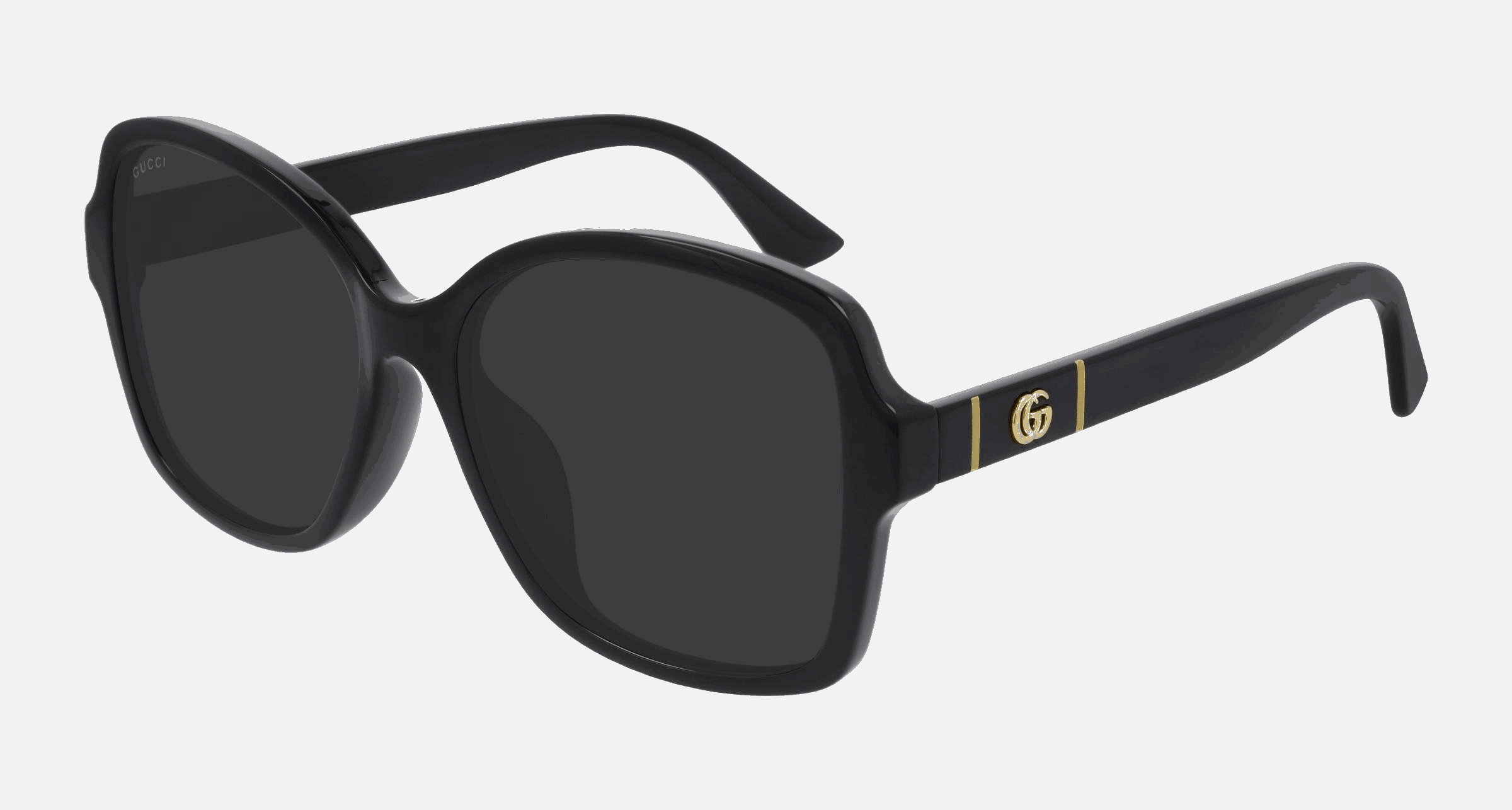 Gucci GG0765SA 002  women's full rim square sunglasses in black frame and grey lenses, with 57mm lens size, 16mm bridge size, and 145mm temple size. Available in Dubai, UAE.