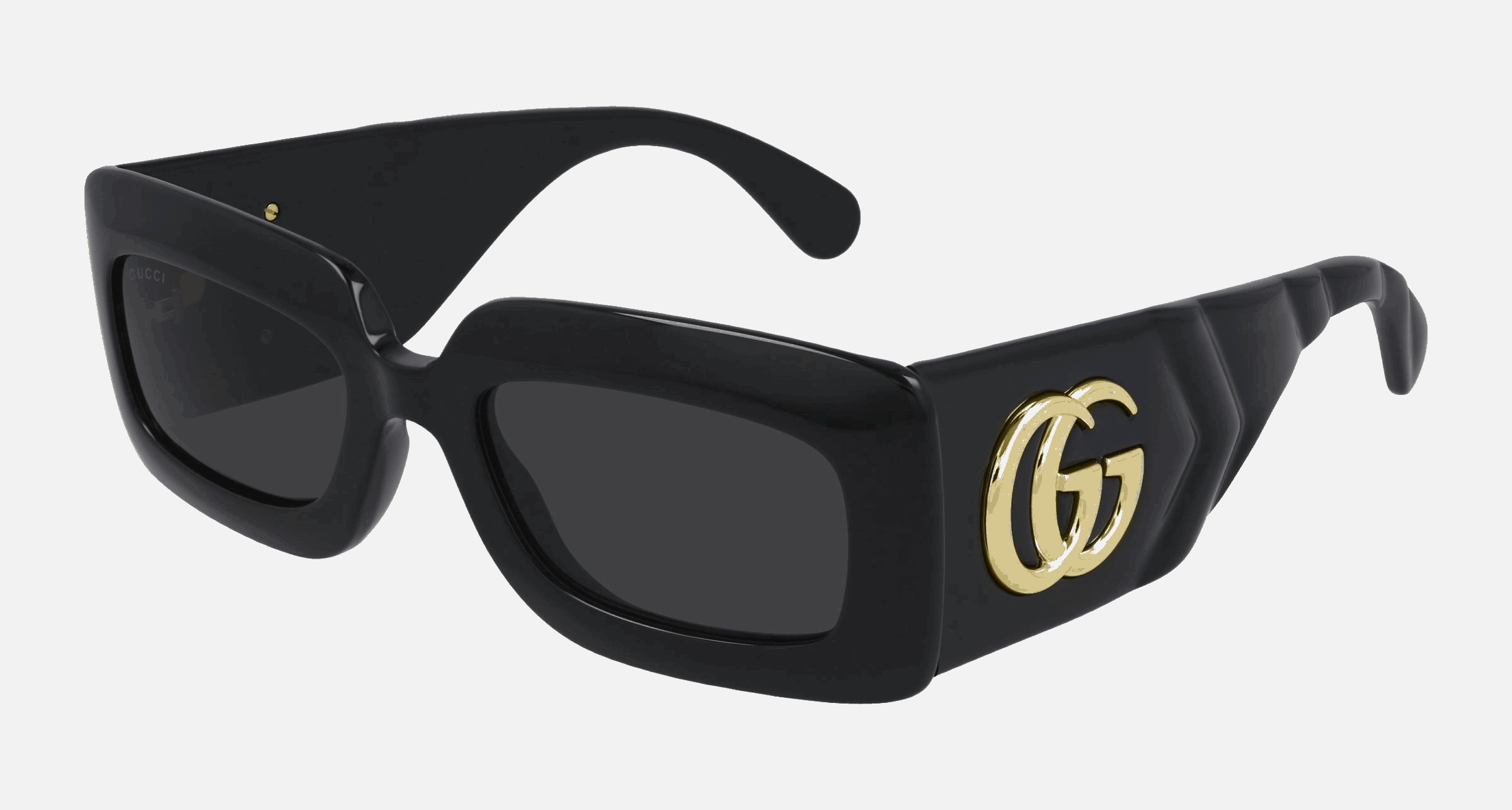Gucci GG0811S 001  women's full rim rectangle sunglasses in black frame and grey gradient lenses, with 53mm lens size, 21mm bridge size, and 145mm temple size. Available in Dubai, UAE.