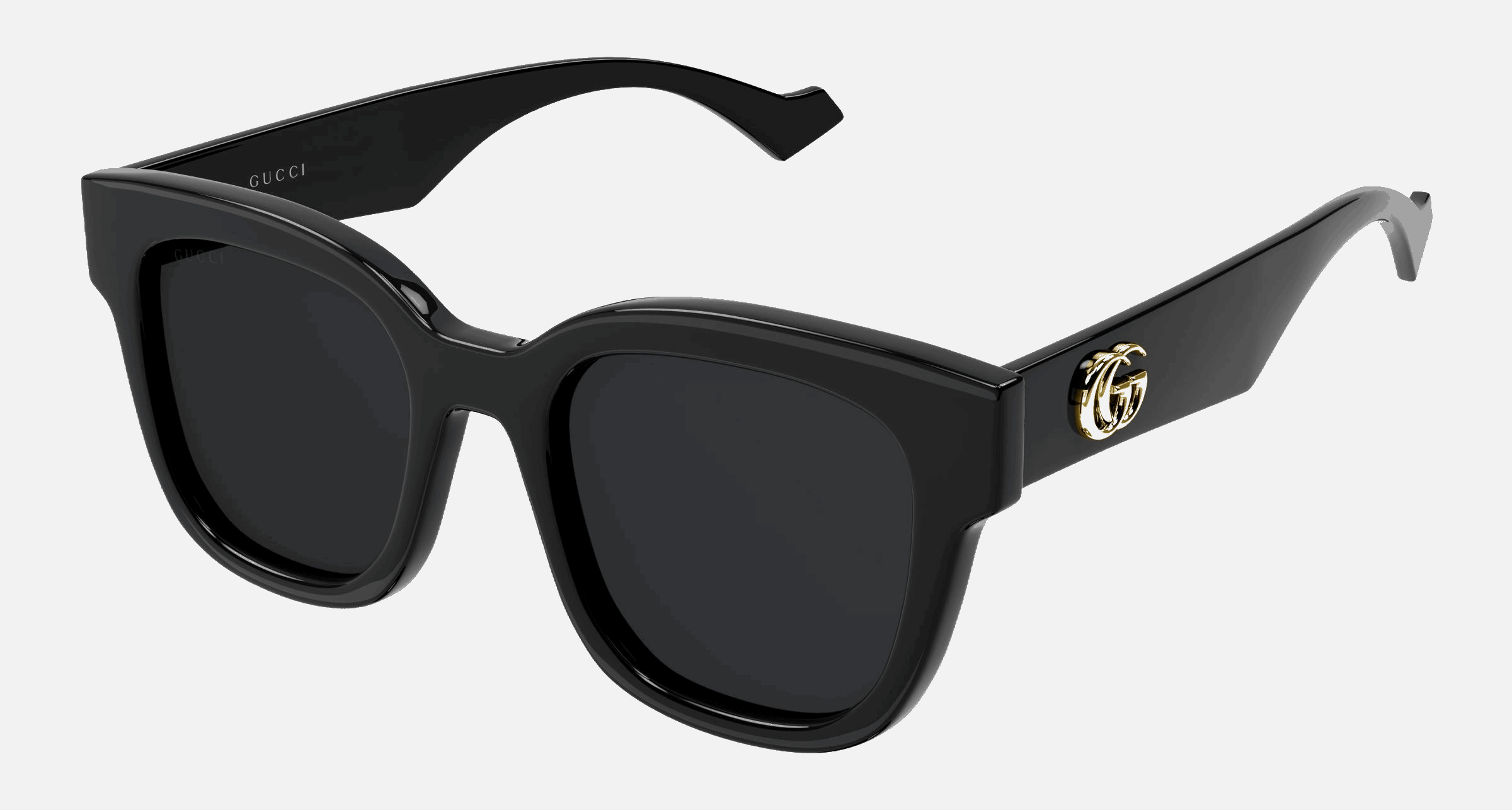 Gucci GG0998S 001 women's full rim square sunglasses in a shiny black
 acetate frame with grey lenses. Features a 52 mm lens size, 21 mm bridge size, and 145 mm temple length. Available in Dubai, UAE.