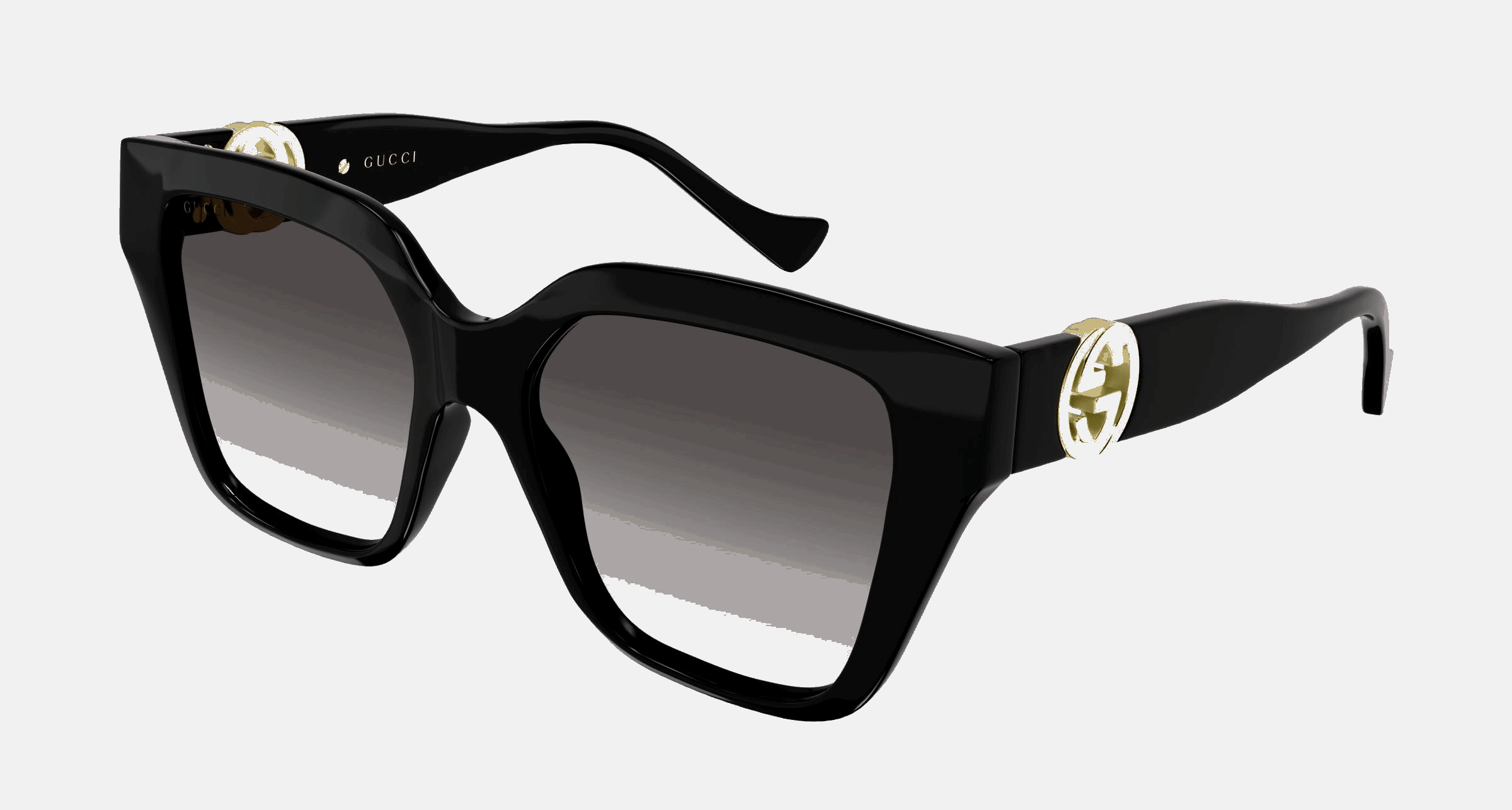 Gucci GG1023S 008  women's full rim square sunglasses in black frame and grey gradient lenses, with 54mm lens size, 17mm bridge size, and 140mm temple size. Available in Dubai, UAE.