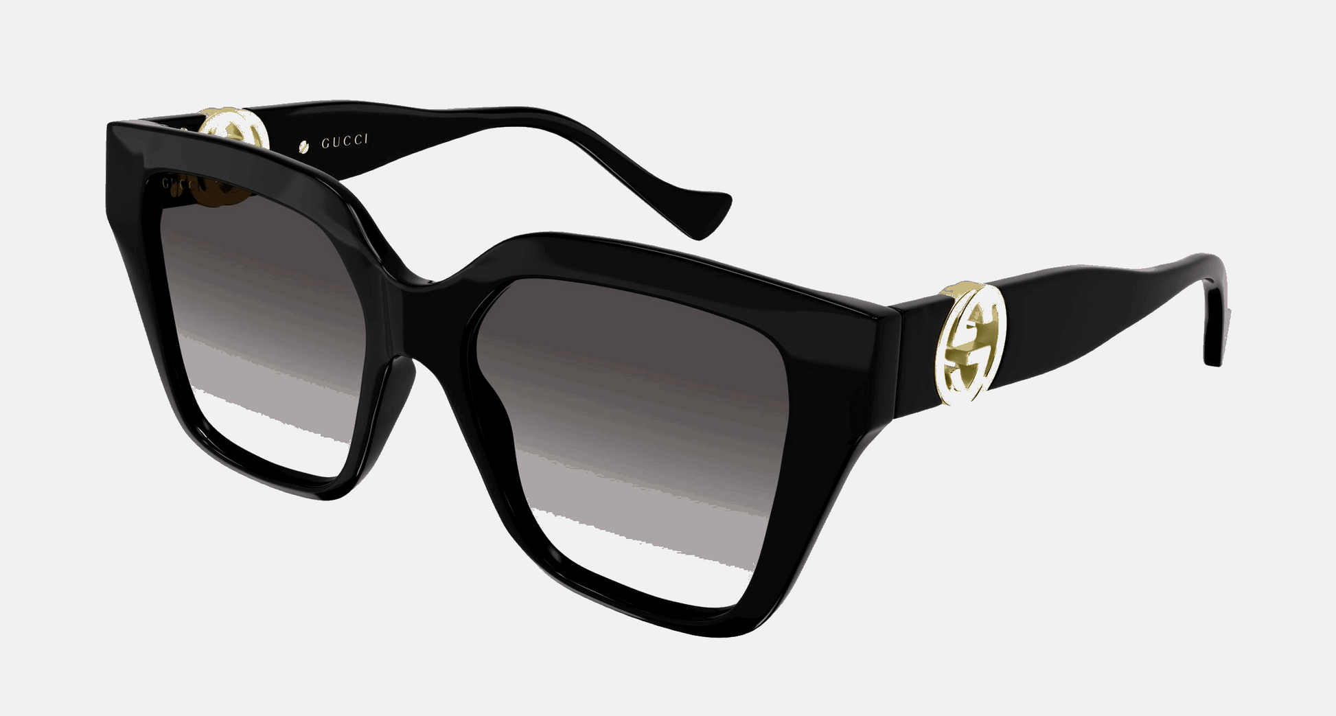 Gucci GG1023S 008  women's full rim square sunglasses in black frame and grey gradient lenses, with 54mm lens size, 17mm bridge size, and 140mm temple size. Available in Dubai, UAE.