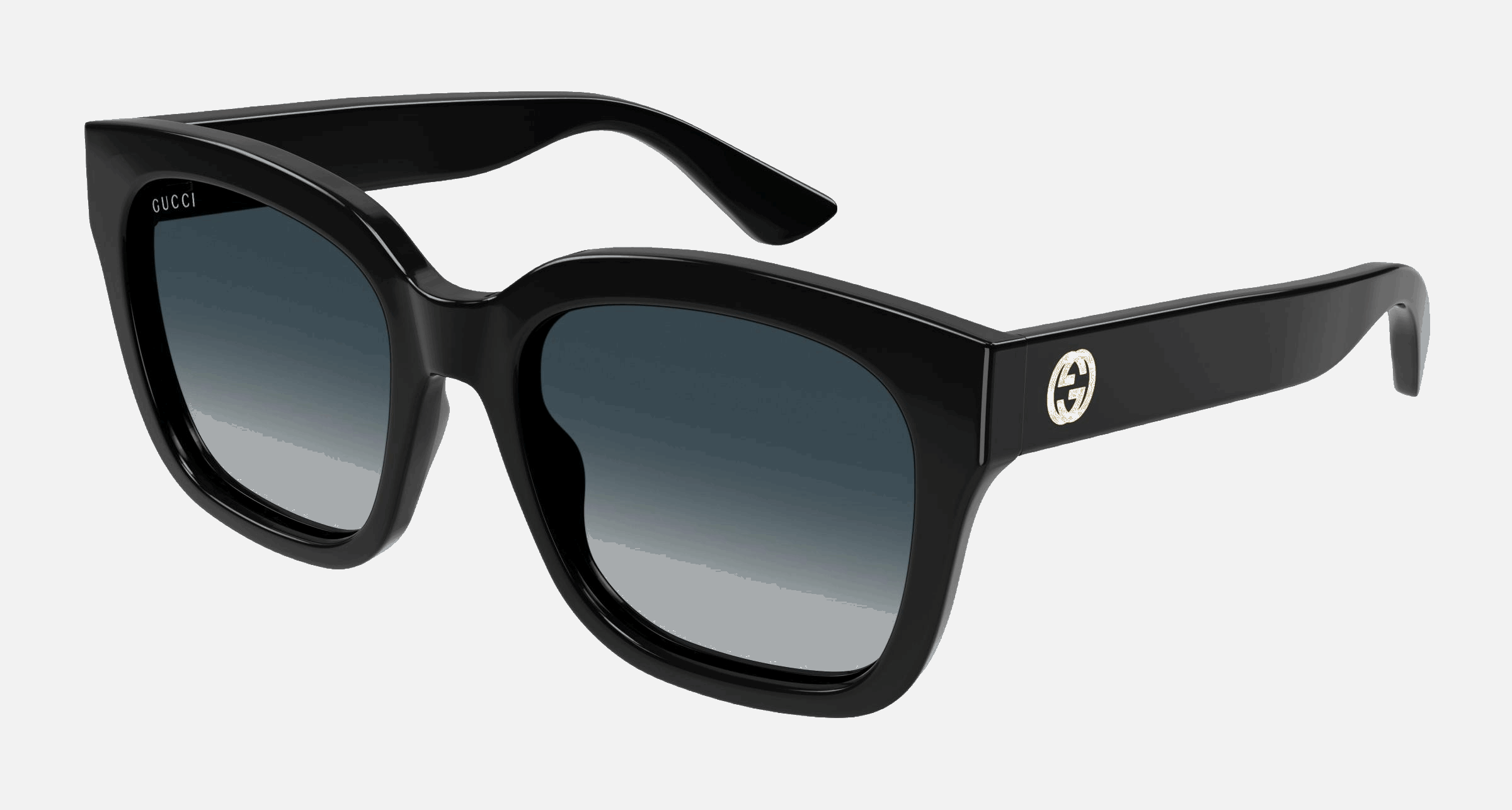 Gucci GG1338SK 003  women's full rim square sunglasses in black frame and grey gradient lenses, with 54mm lens size, 19mm bridge size, and 145mm temple size. Available in Dubai, UAE.