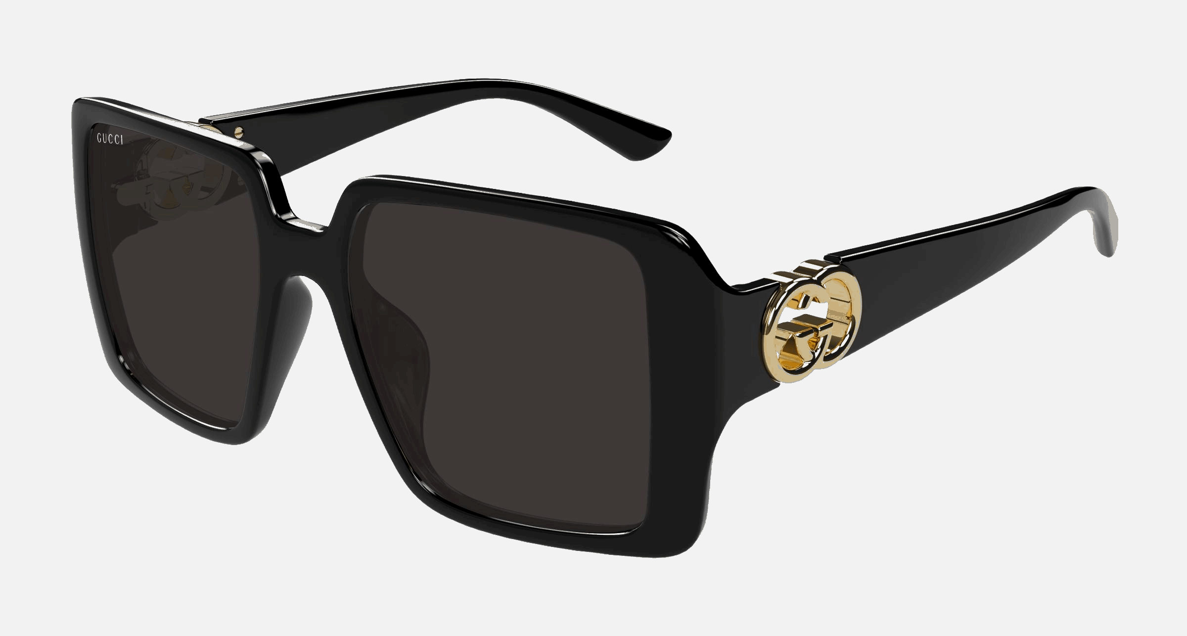 Gucci GG1692S 001  women's full rim square sunglasses in black frame and grey lenses, with 54mm lens size, 18mm bridge size, and 135mm temple size. Available in Dubai, UAE.