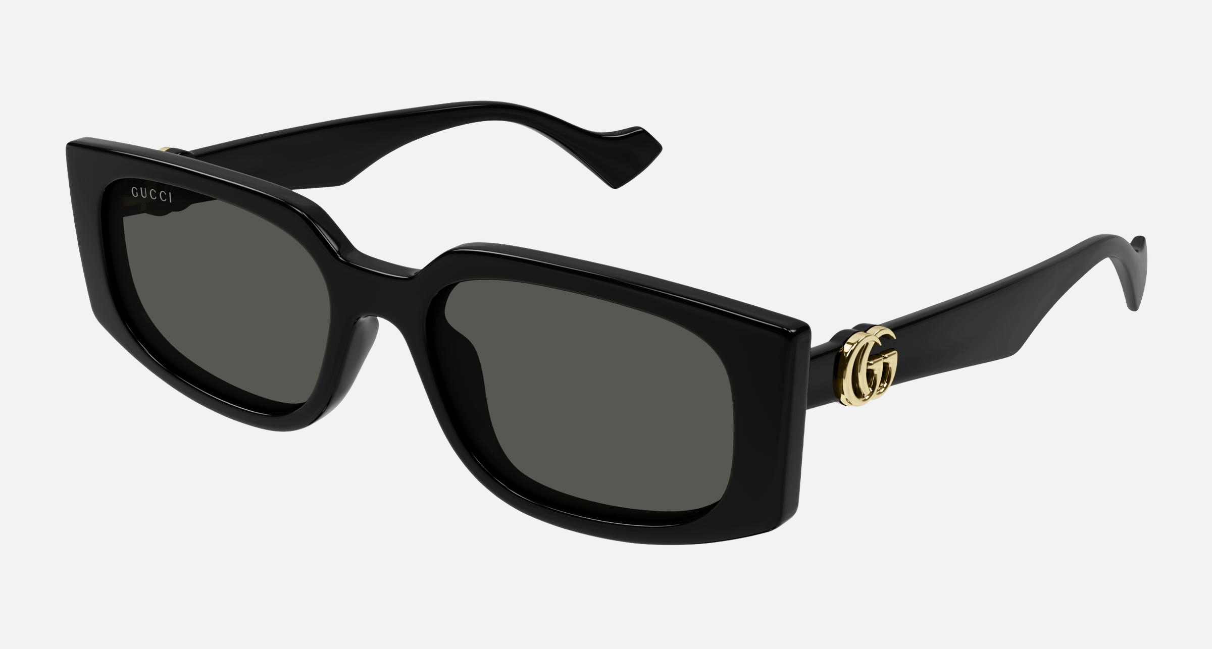 Gucci GG1534S 001 women's full rim rectangle sunglasses in a black injected frame with grey lenses. Features a 55 mm lens size, 18 mm bridge size, and 140 mm temple length. Available in Dubai, UAE.