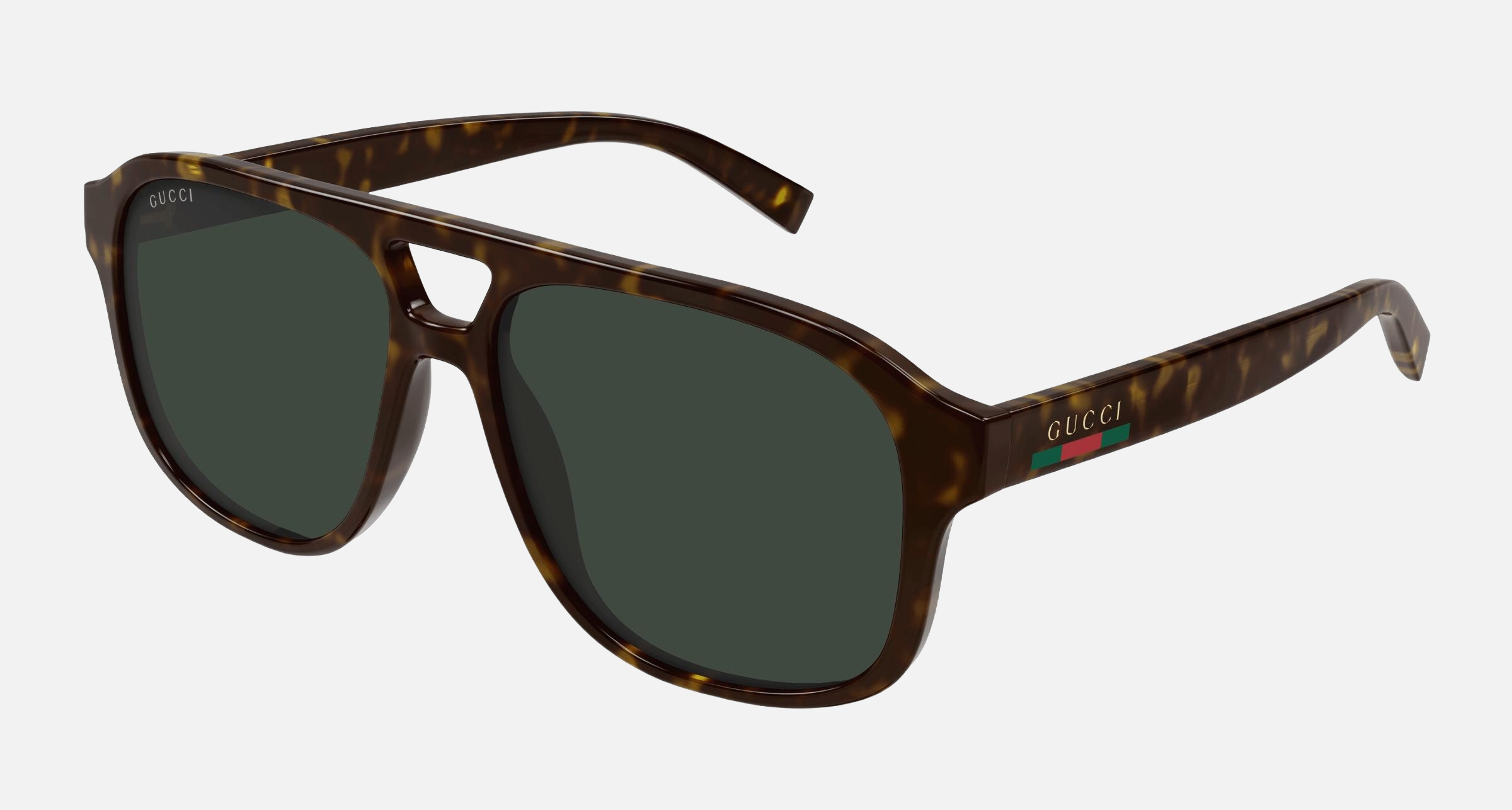 Gucci GG1856S 002 men's full rim pilot sunglasses in a havana injected frame with green lenses. Features a 57 mm lens size, 15 mm bridge size, and 145 mm temple length. Available in Dubai, UAE.