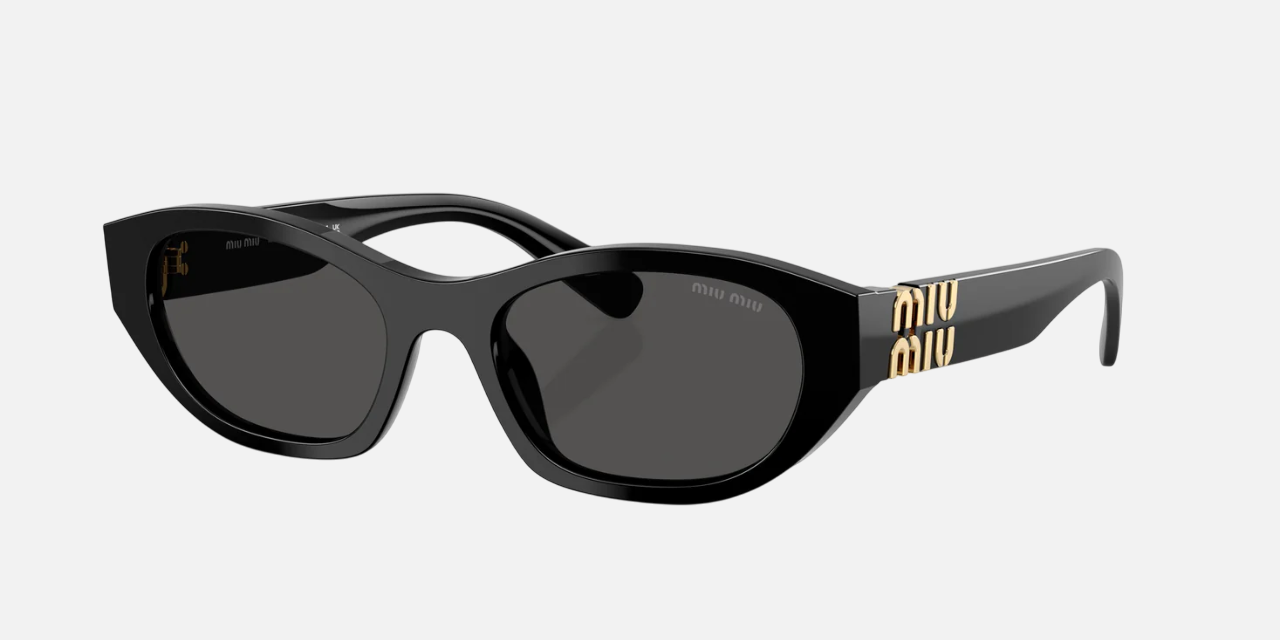 Miu Miu MU A03S 16K08Z women's full rim irregular sunglasses in a black acetate frame with dark grey lenses. Features a 53 mm lens size, 19 mm bridge size, and 140 mm temple length. Available in Dubai, UAE.