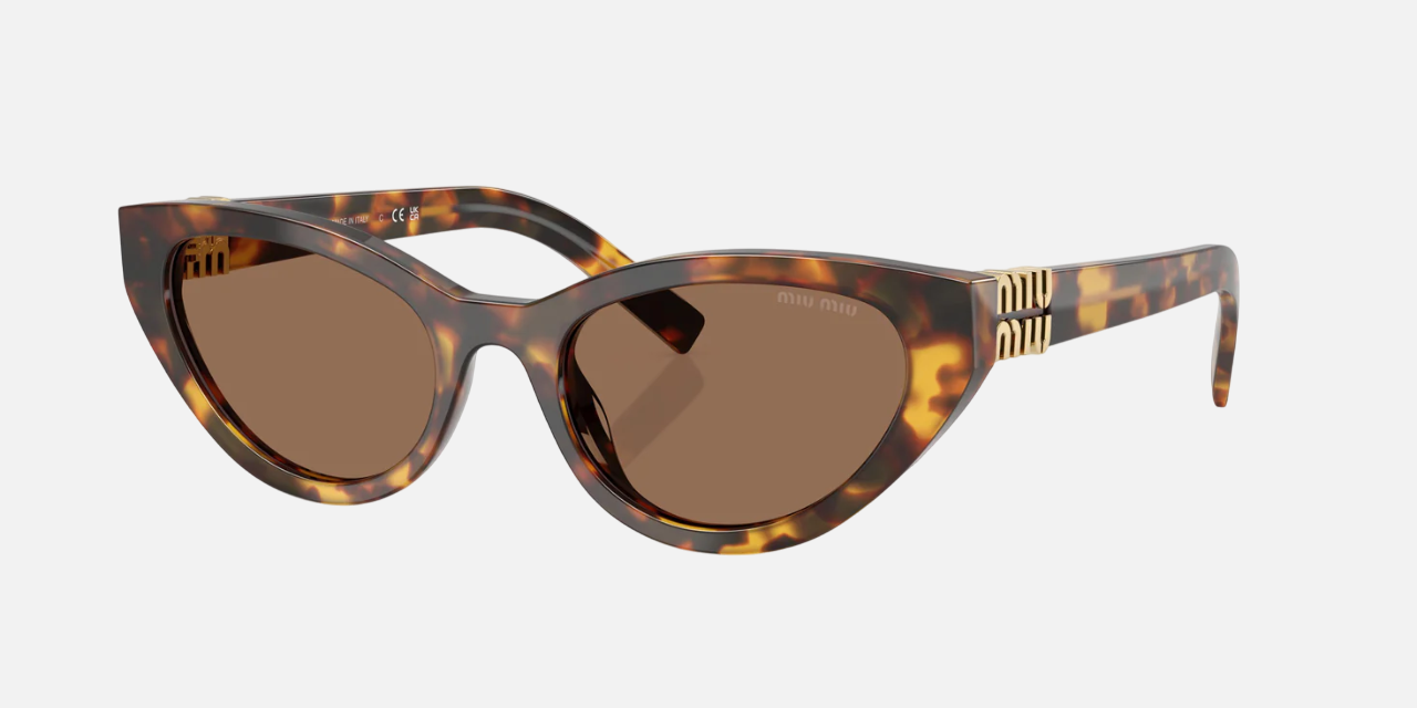 Miu Miu MU A04S 14L60M women's full rim cat eye sunglasses in a havana honey acetate frame with dark brown lenses. Features a 54 mm lens size, 20 mm bridge size, and 140 mm temple length. Available in Dubai, UAE.