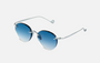 Eyepetizer Oxford C.1-53 round sunglasses for unisex in rimless steel, with silver frame, and blue gradient lenses. 51mm in lens size, 18mm in bridge size, and 145mm in temple length.
