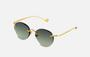 Eyepetizer Oxford C.4-52 round sunglasses for women in rimless steel, with gold frame, and green lenses. 51mm in lens size, 18mm in bridge size, and 145mm in temple length.