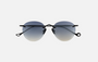 Eyepetizer Oxford C.6-51 round sunglasses for unisex in rimless steel, with black frame, and grey lenses. 51mm in lens size, 18mm in bridge size, and 145mm in temple length.