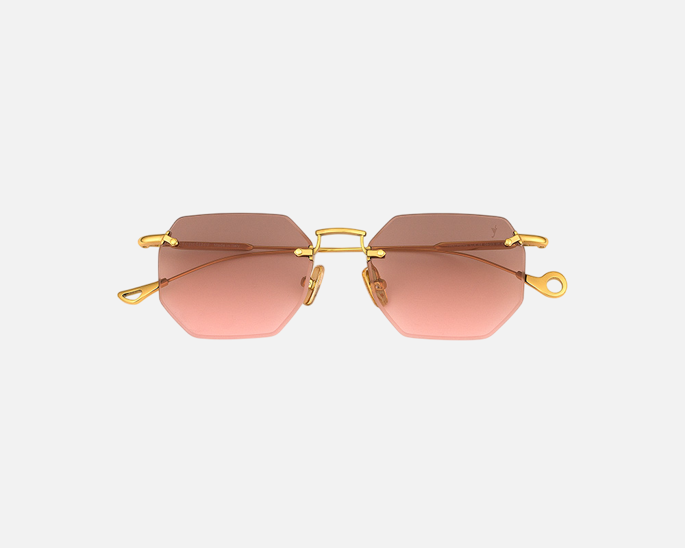 Eyepetizer Panthere C.4-44 hexagonal sunglasses for women in rimless steel, with gold frame, and green gradient lenses. 52mm in lens size, 18mm in bridge size, and 145mm in temple length.