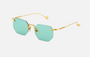 Eyepetizer Panthere C.4-48 irregular sunglasses for women in rimless steel, with gold frame, and aqua green lenses. 52mm in lens size, 18mm in bridge size, and 145mm in temple length.