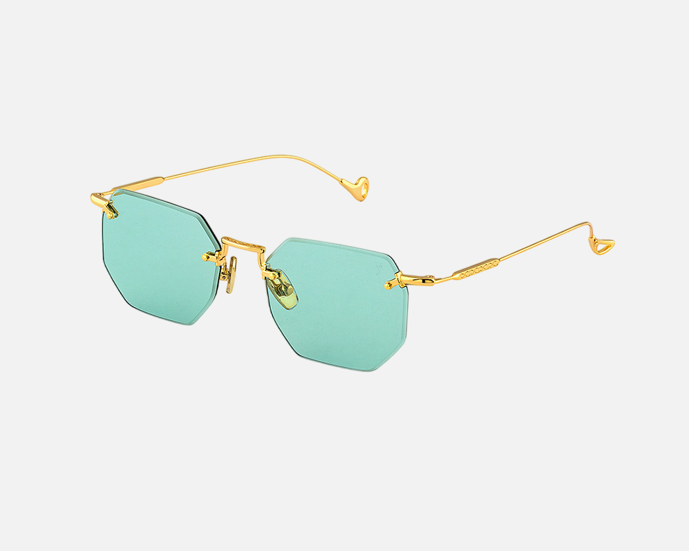 Eyepetizer Panthere C.4-48 irregular sunglasses for women in rimless steel, with gold frame, and aqua green lenses. 52mm in lens size, 18mm in bridge size, and 145mm in temple length.