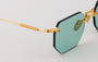 Eyepetizer Panthere C.4-48 irregular sunglasses for women in rimless steel, with gold frame, and aqua green lenses. 52mm in lens size, 18mm in bridge size, and 145mm in temple length.