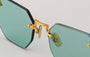 Eyepetizer Panthere C.4-48 irregular sunglasses for women in rimless steel, with gold frame, and aqua green lenses. 52mm in lens size, 18mm in bridge size, and 145mm in temple length.