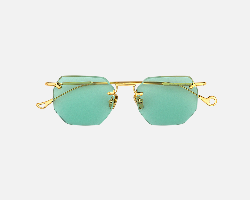 Eyepetizer Panthere C.4-48 irregular sunglasses for women in rimless steel, with gold frame, and aqua green lenses. 52mm in lens size, 18mm in bridge size, and 145mm in temple length.