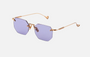 Eyepetizer Panthere C.9-49 irregular sunglasses for women in rimless steel, with rose gold frame, and violet lenses. 52mm in lens size, 18mm in bridge size, and 145mm in temple length.