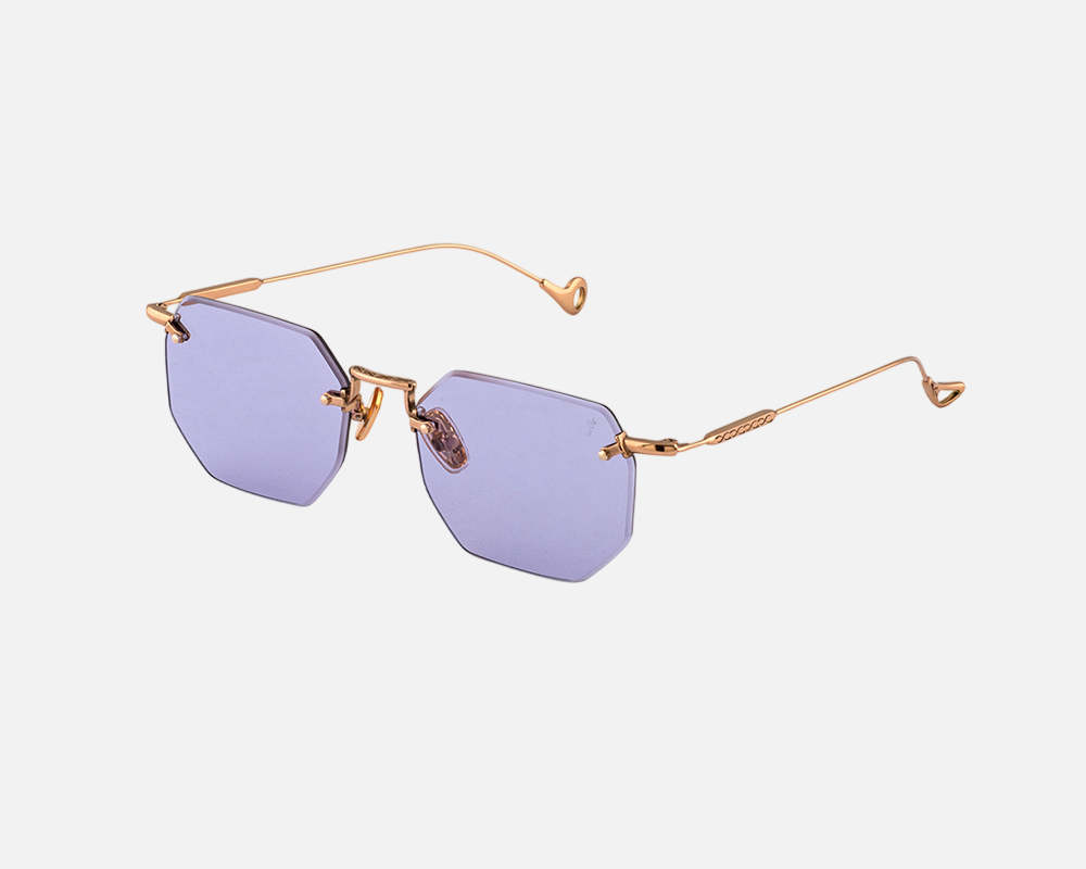 Eyepetizer Panthere C.9-49 irregular sunglasses for women in rimless steel, with rose gold frame, and violet lenses. 52mm in lens size, 18mm in bridge size, and 145mm in temple length.