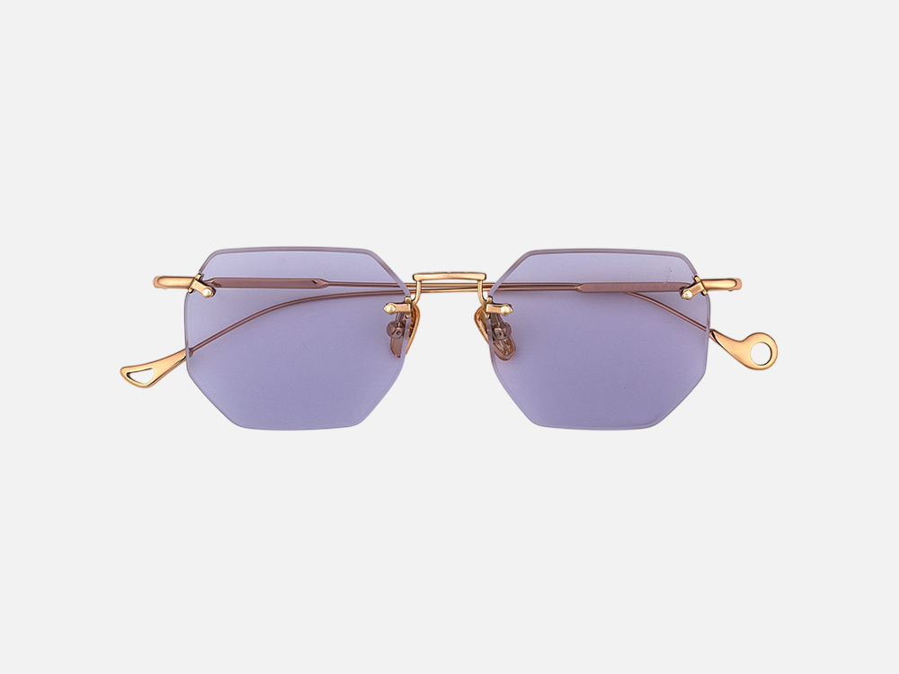 Eyepetizer Panthere C.9-49 irregular sunglasses for women in rimless steel, with rose gold frame, and violet lenses. 52mm in lens size, 18mm in bridge size, and 145mm in temple length.