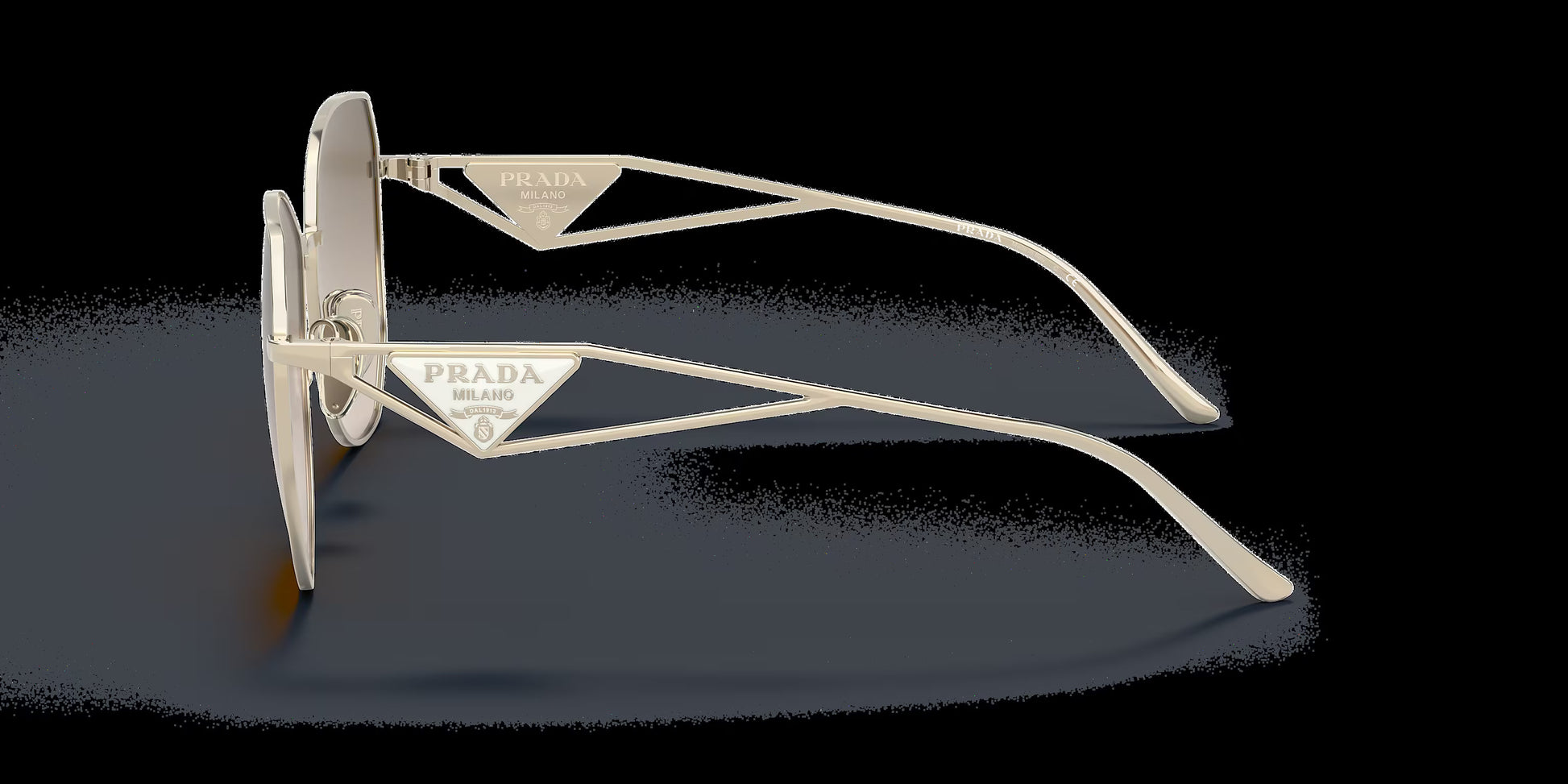 Prada PR 57YS ZVN3D0 irregular sunglasses for women in full rim metal, with pale gold frame, and light brown gradient lenses. 57mm in lens size, 18mm in bridge size, and 140mm in temple length.