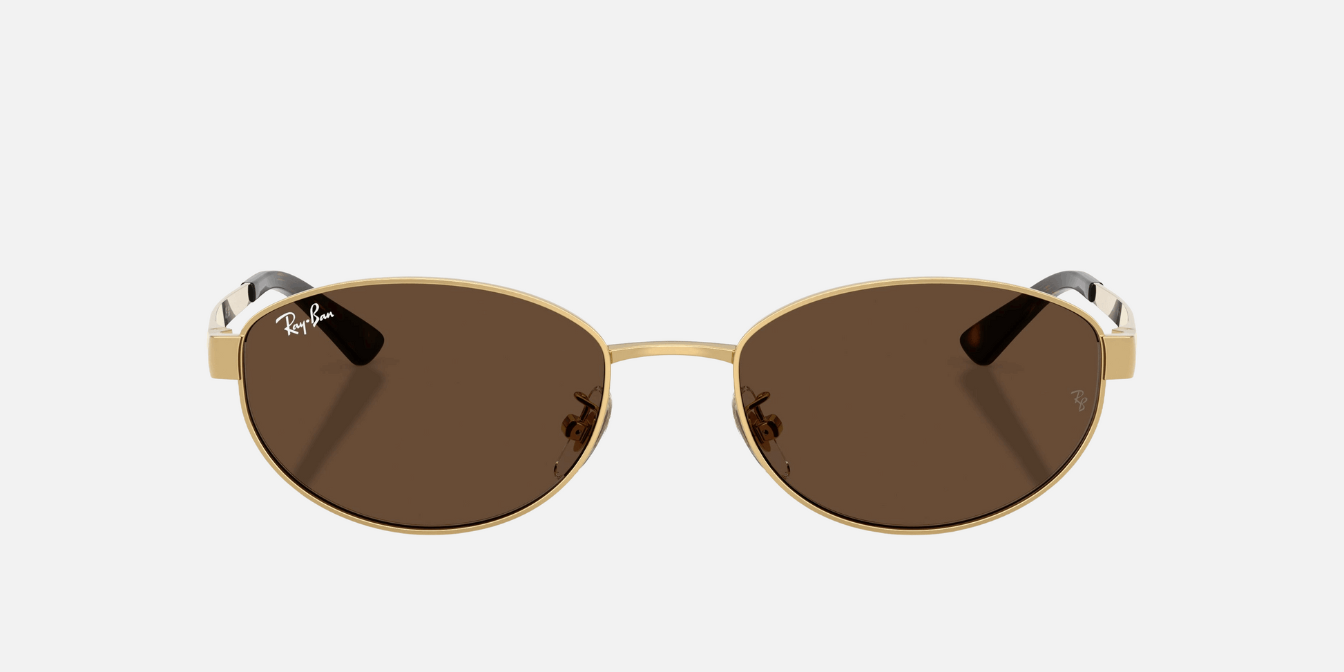 Ray-Ban RB3774D 001/73  unisex's full rim oval sunglasses in polished arista gold frame and dark brown lenses, with 55mm lens size, 19mm bridge size, and 145mm temple size. Available in Dubai, UAE.