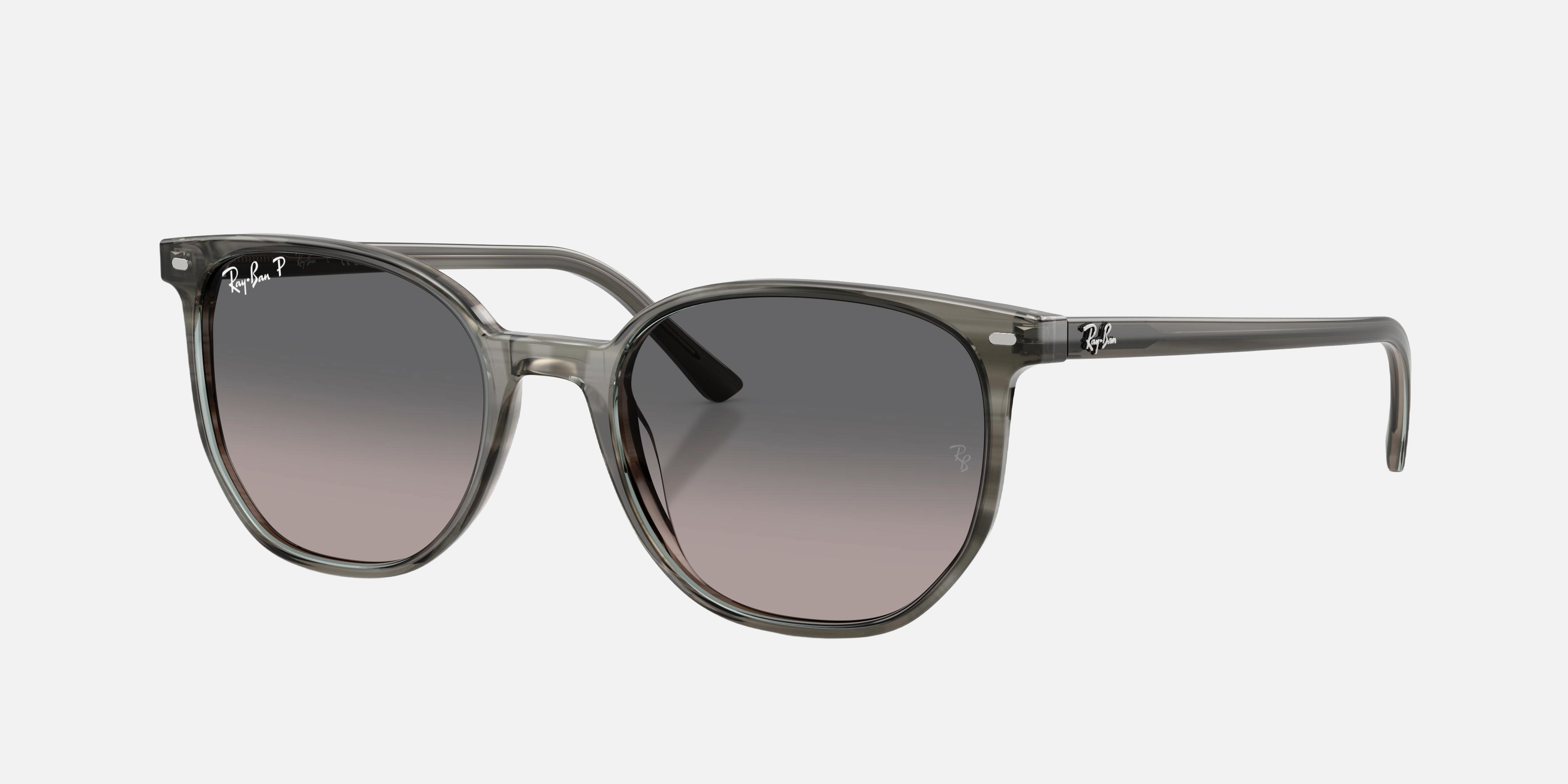 Ray-Ban Elliot RB2197 1438M3 unisex's full rim square sunglasses in a polished striped grey acetate frame with polarized grey gradient
 lenses. Features a 52 mm lens size, 19 mm bridge size, and 145 mm temple length. Available in Dubai, UAE.