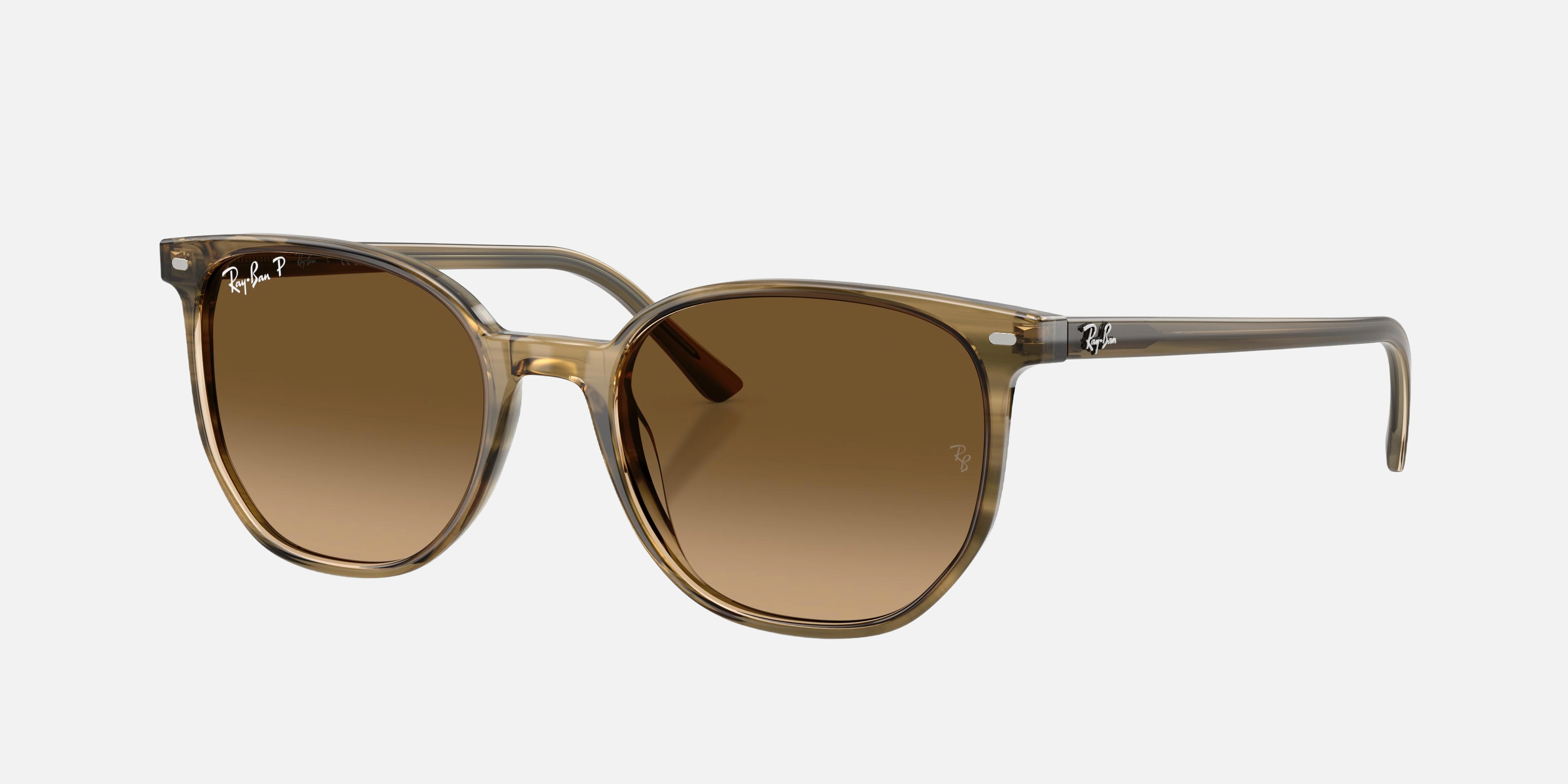 Ray-Ban Elliot RB2197 1439M2 unisex's full rim square sunglasses in a polished striped green acetate frame with polarized brown gradient lenses. Features a 52 mm lens size, 19 mm bridge size, and 145 mm temple length. Available in Dubai, UAE.